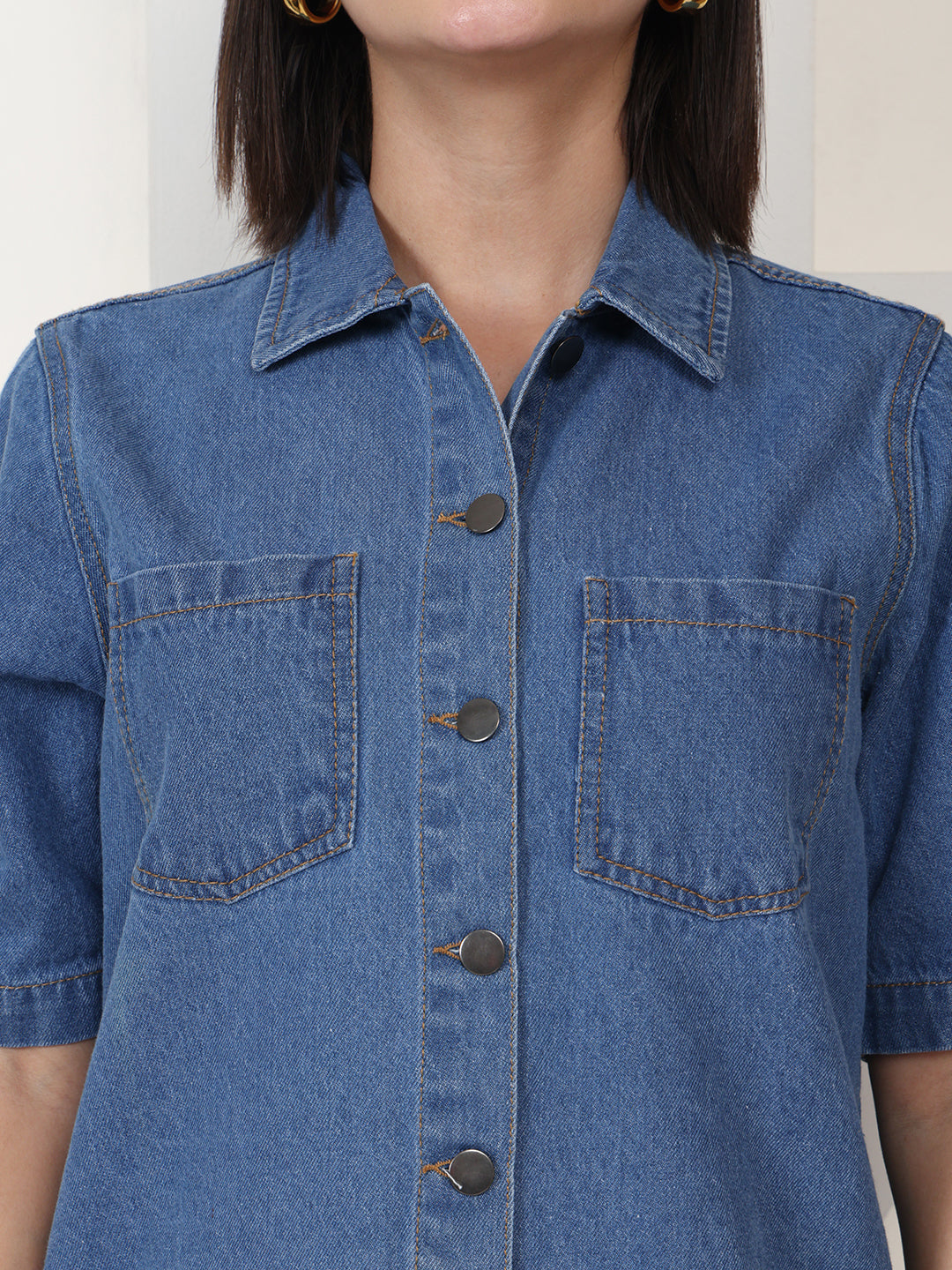 PUELLA Women Blue Denim Relaxed Fit Short Sleeve Shirt