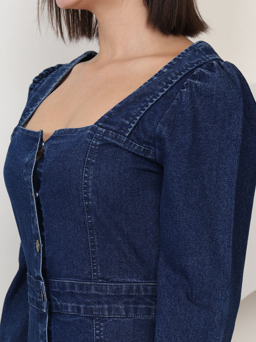 PUELLA Blue Solid Denim Fit & Flare Midi Dress