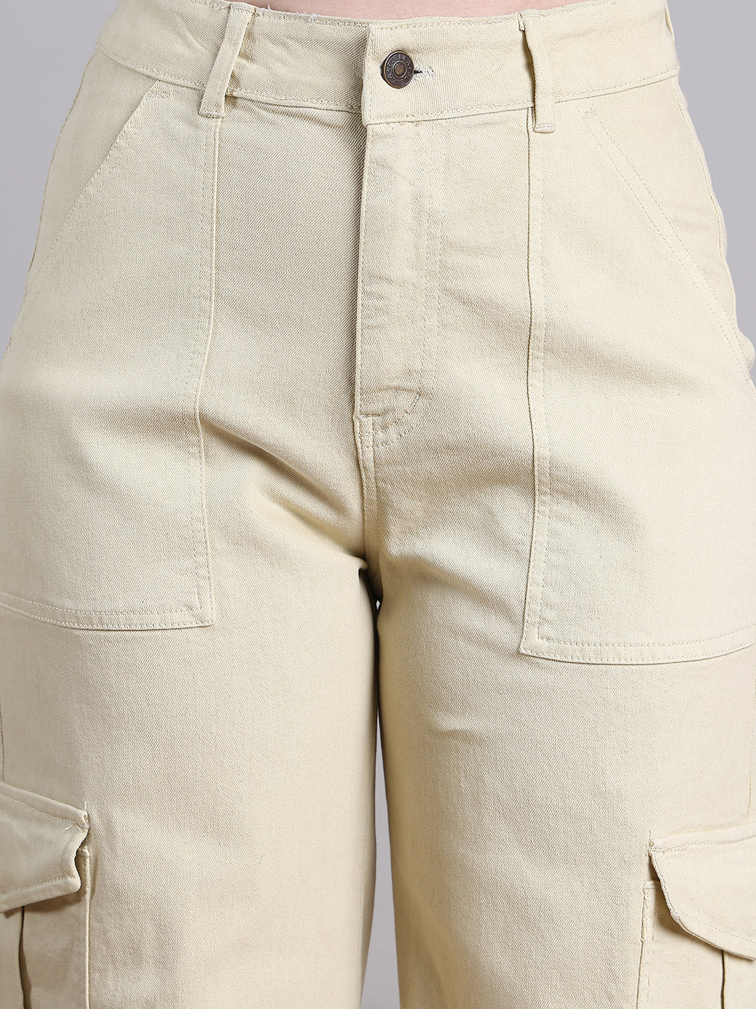 PUELLA Women Beige High-Rise Cargo Wide-Leg Jeans