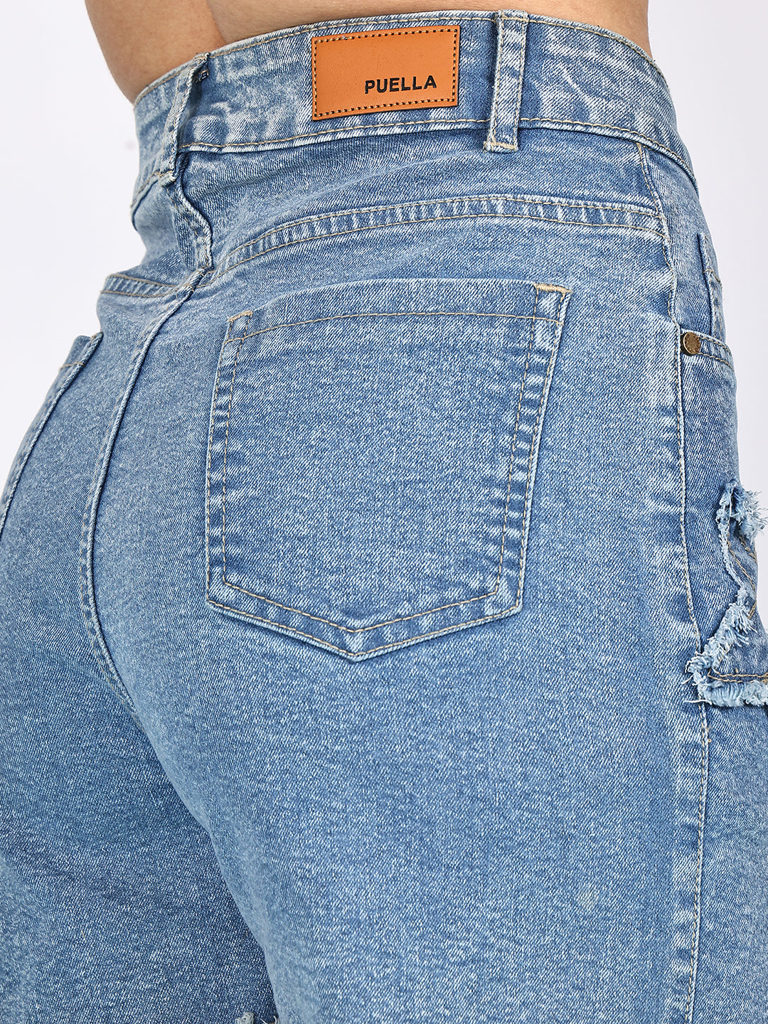 PUELLA Women Light Blue High-Rise Star Patch Denim Shorts