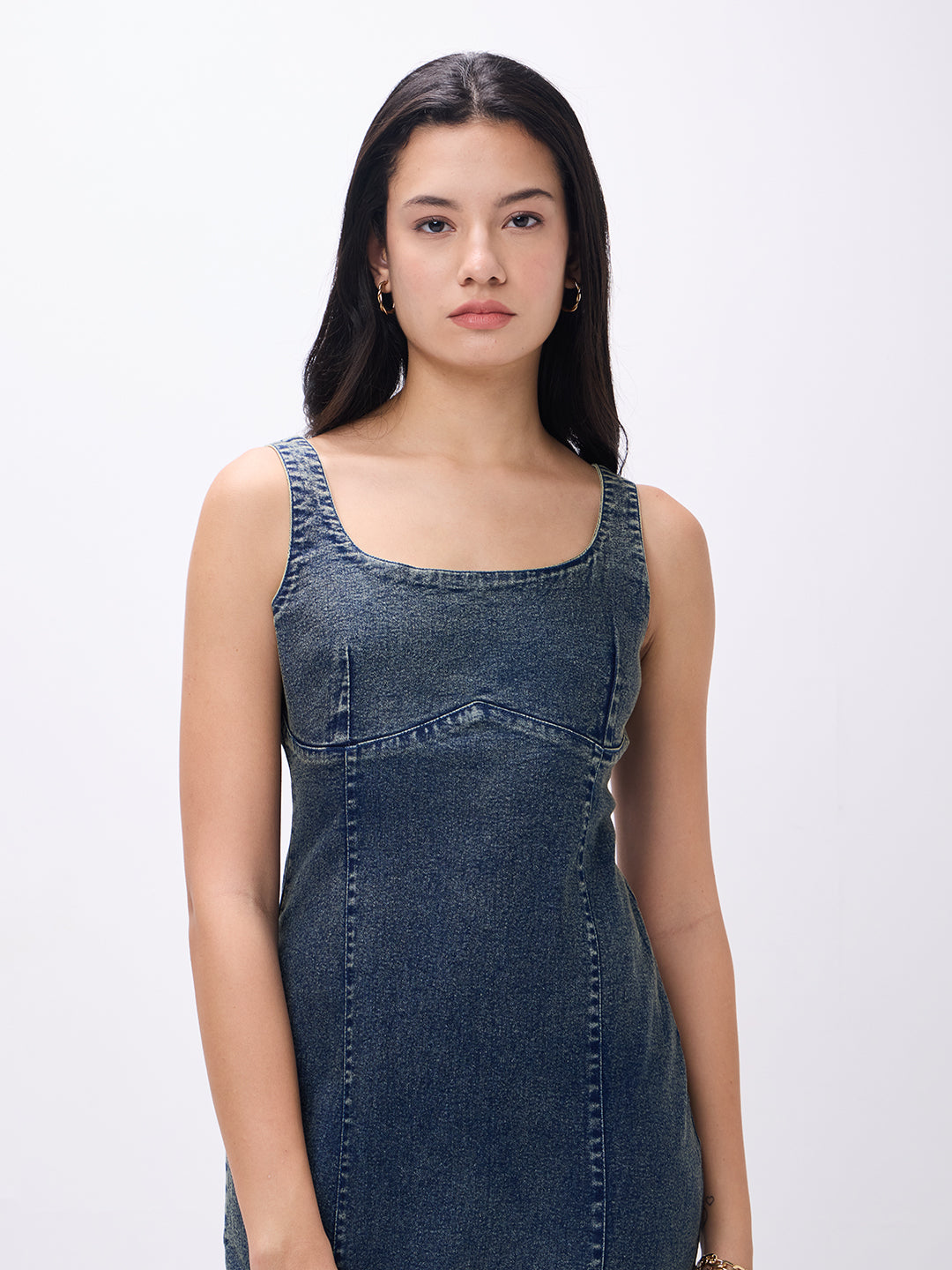 PUELLA Women’s Sleeveless Denim Bodycon Midi Dress – Dark Wash
