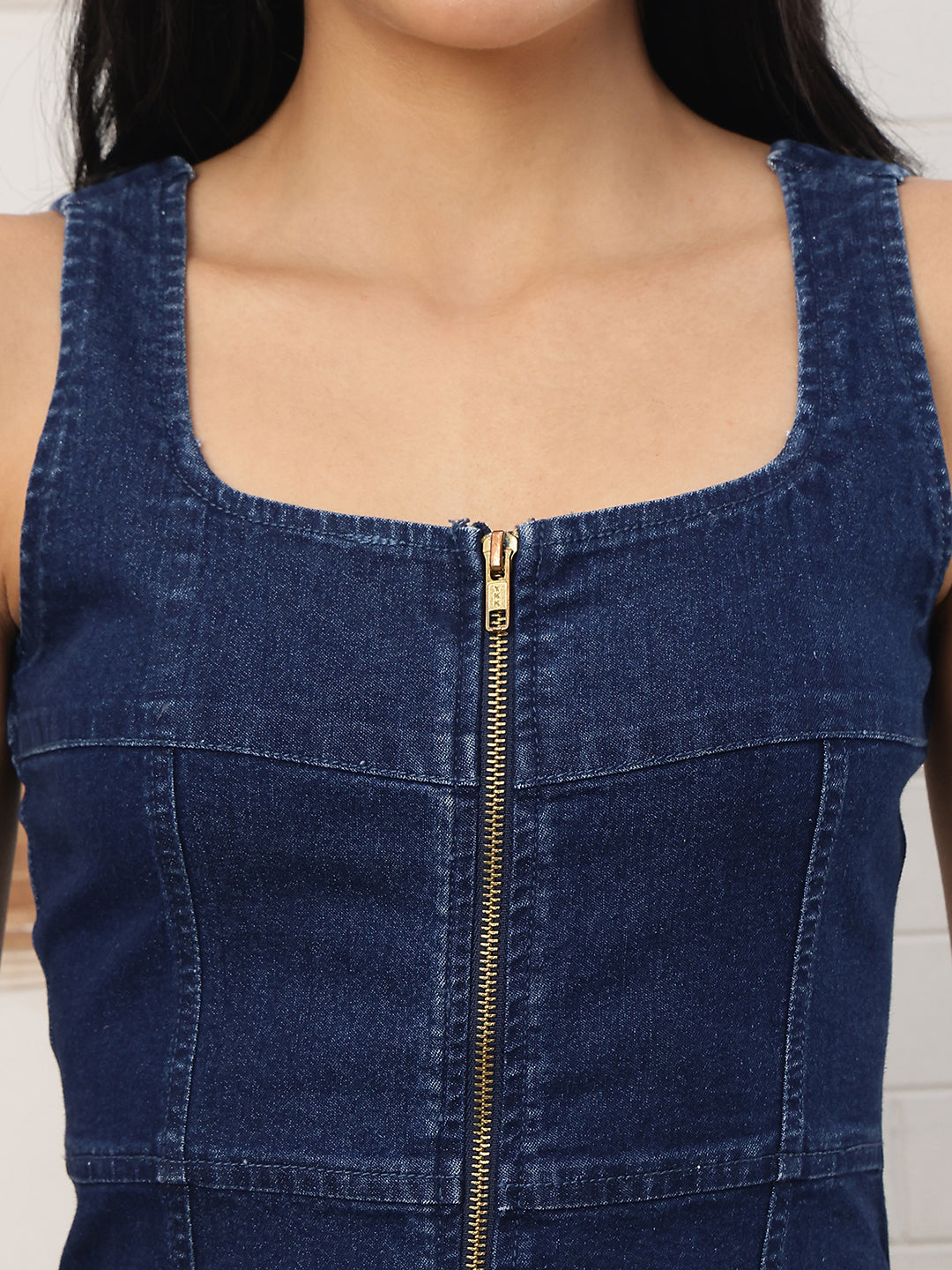 PUELLA Women Navy Blue Solid Denim Bodycon Dress with Front Zip