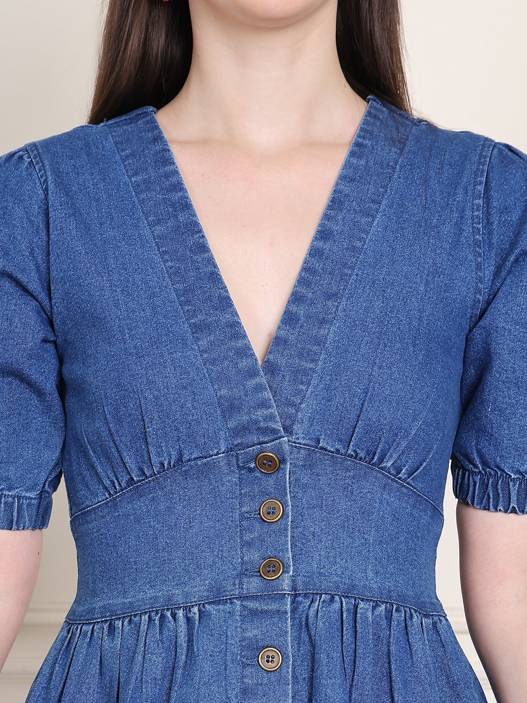 PUELLA Women’s Button-Down Denim Mini Dress with Puff Sleeves