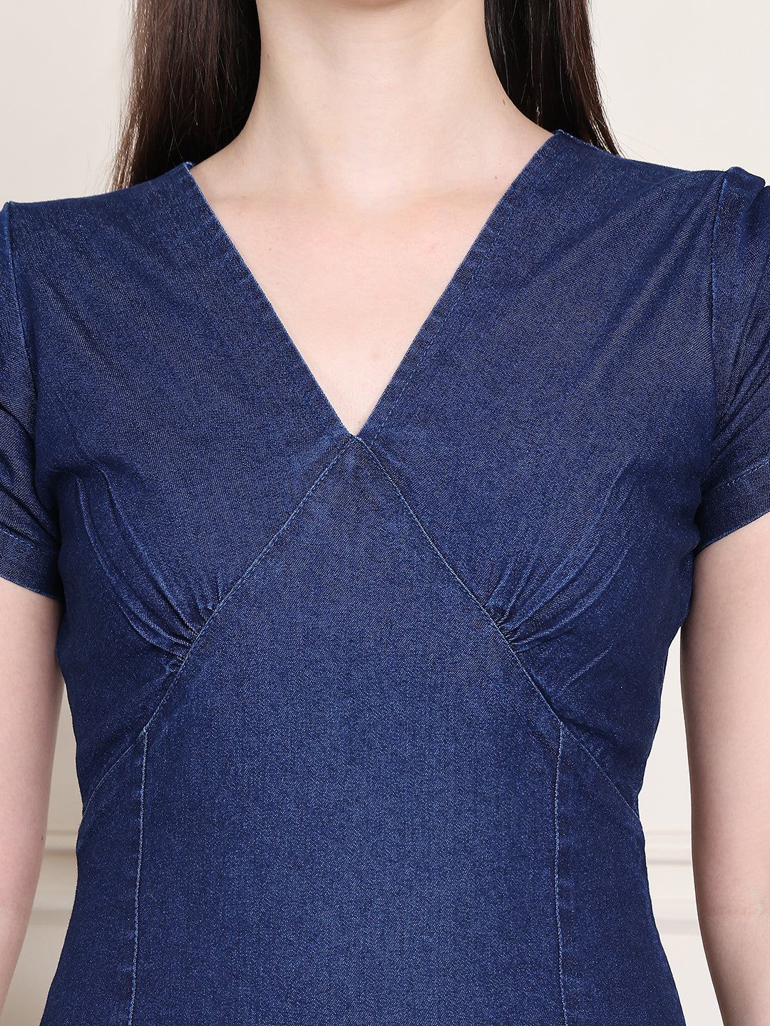 PUELLA Women’s Flared Denim Midi Dress with V-Neck & Short Sleeves