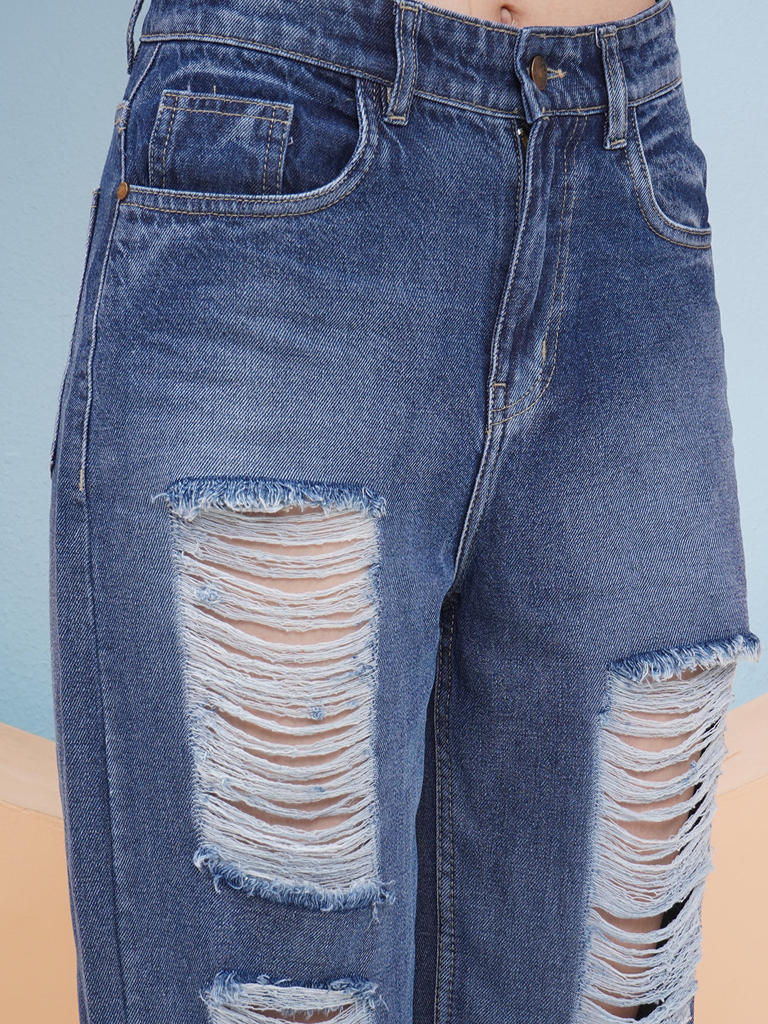 PUELLA Women Dark Blue High-Rise Distressed Straight Fit Jeans