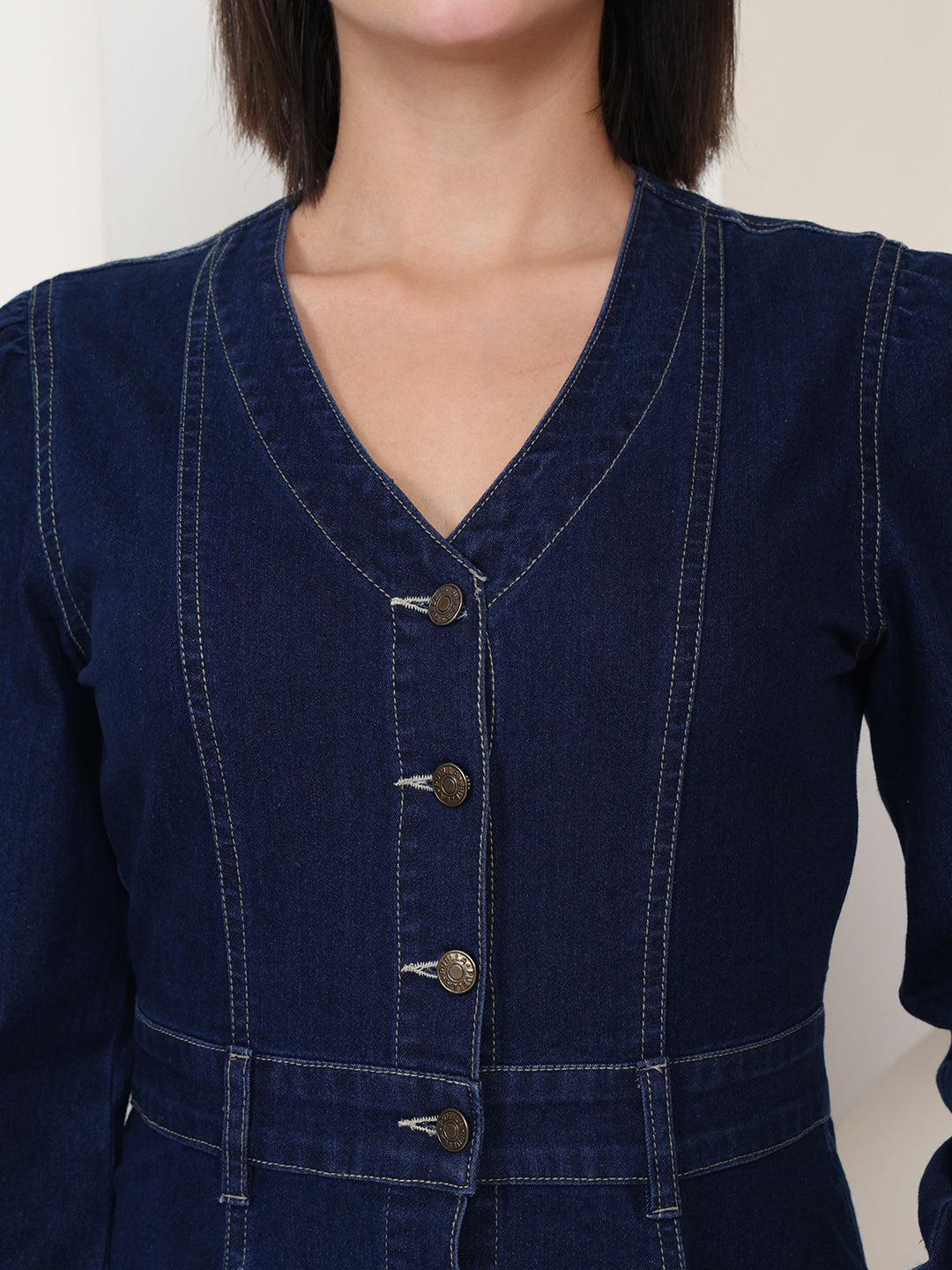 PUELLA Navy Blue Solid Denim Fit & Flare Midi Dress