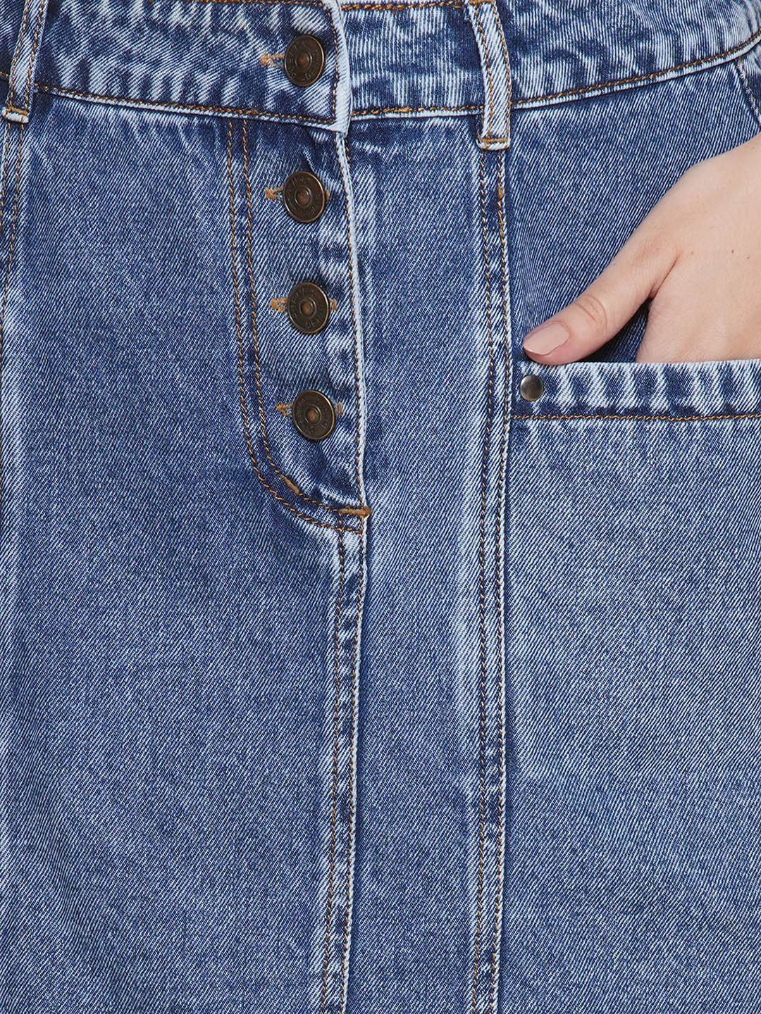 PUELLA Women’s Blue High-Rise Button Front Denim Skirt with Side Pockets