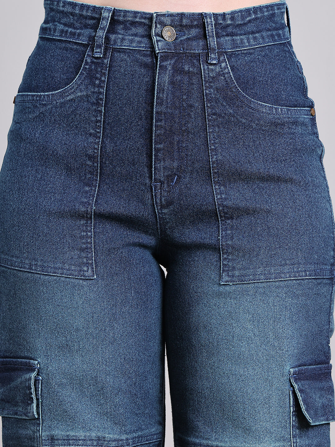 PUELLA Women Dark Indigo High-Rise Utility Cargo Wide-Leg Jeans