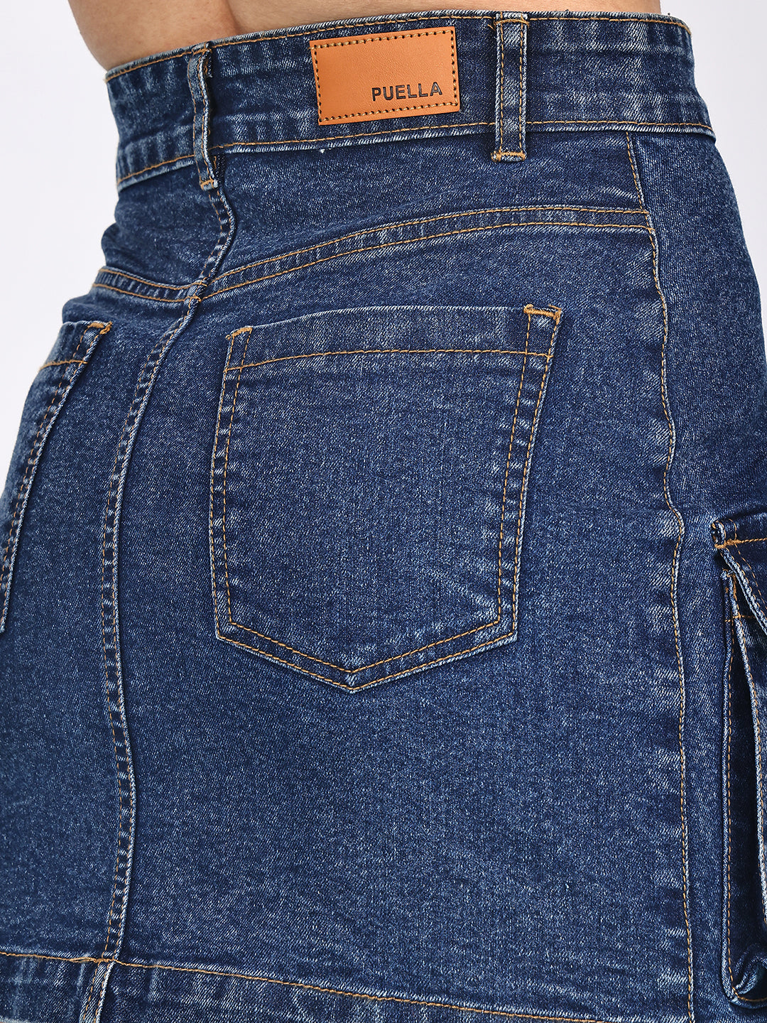 PUELLA Women's Blue Solid Cargo Denim Mini Skirt