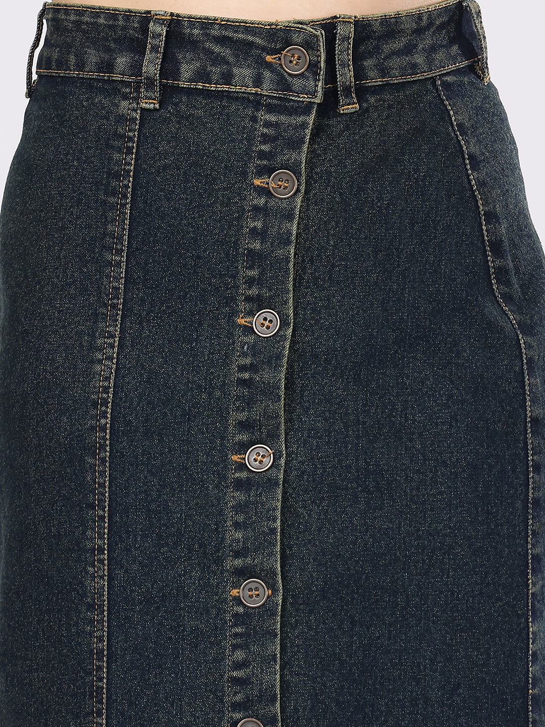 Women’s Dark Wash Paneled Denim Skirt with Front Buttons