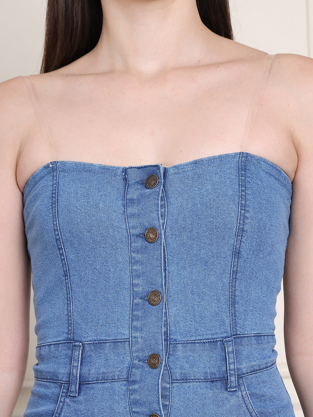 PUELLA Women’s Strap Denim Midi Dress with Button-Down Front