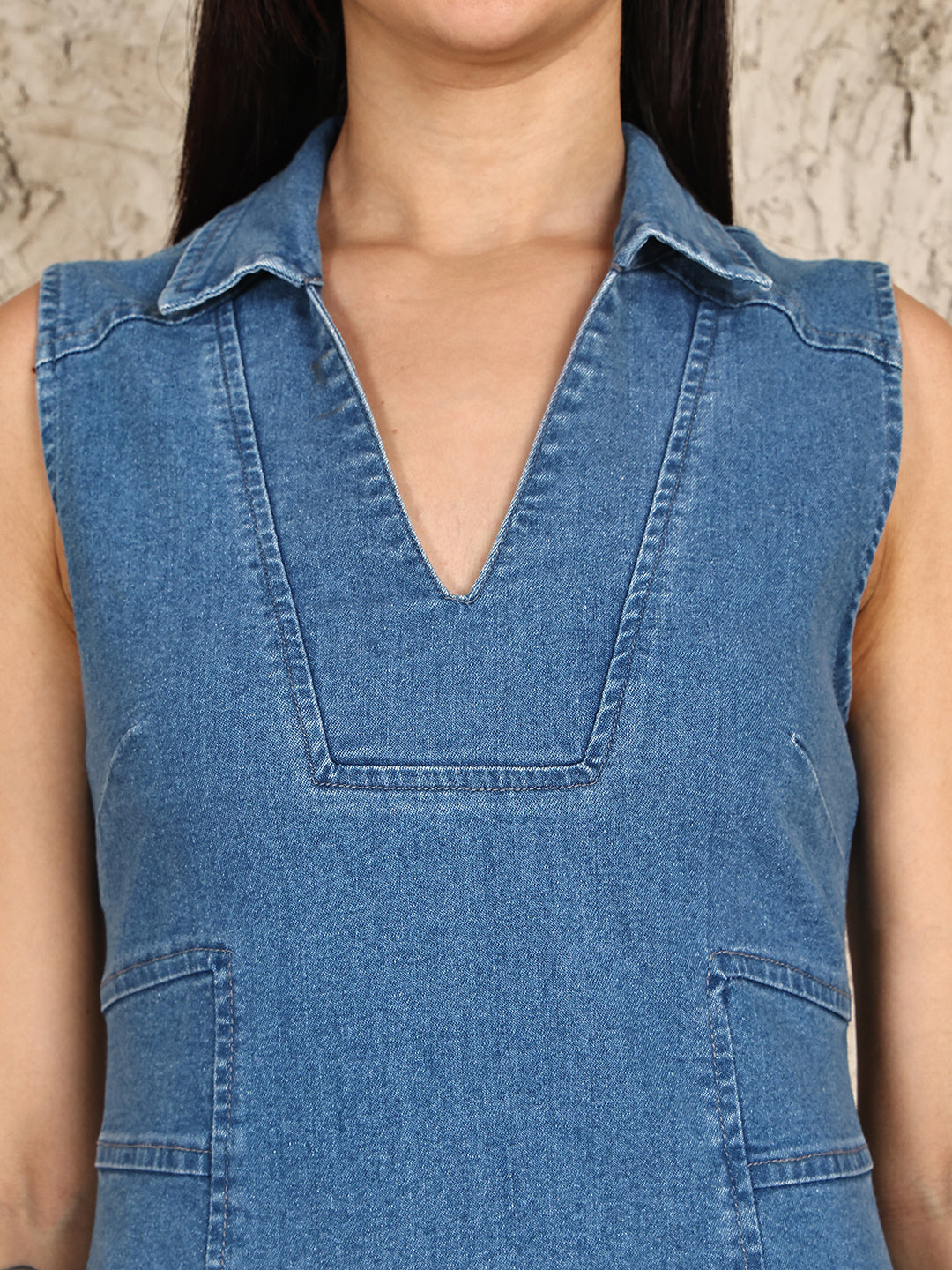 PUELLA Women’s Sleeveless Denim Midi Dress with Collar Neck