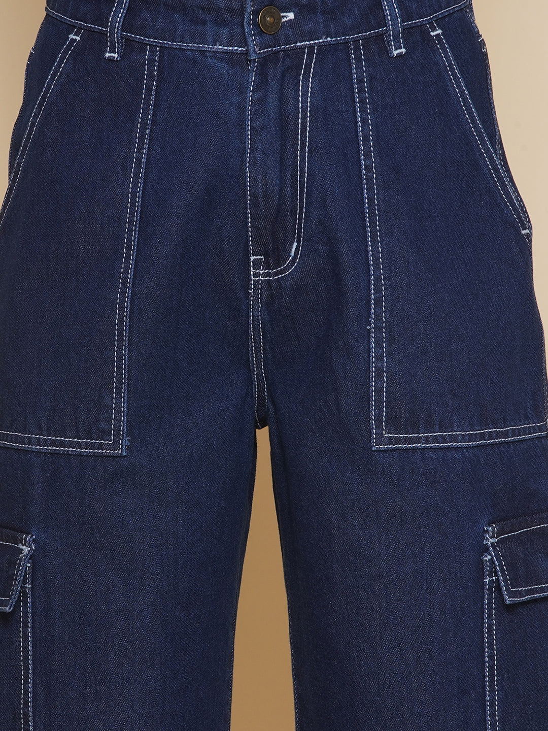 PUELLA Women’s Black Cargo Straight Fit stretchable Jeans with Contrast Stitching – Multi-Pocket Utility Denim