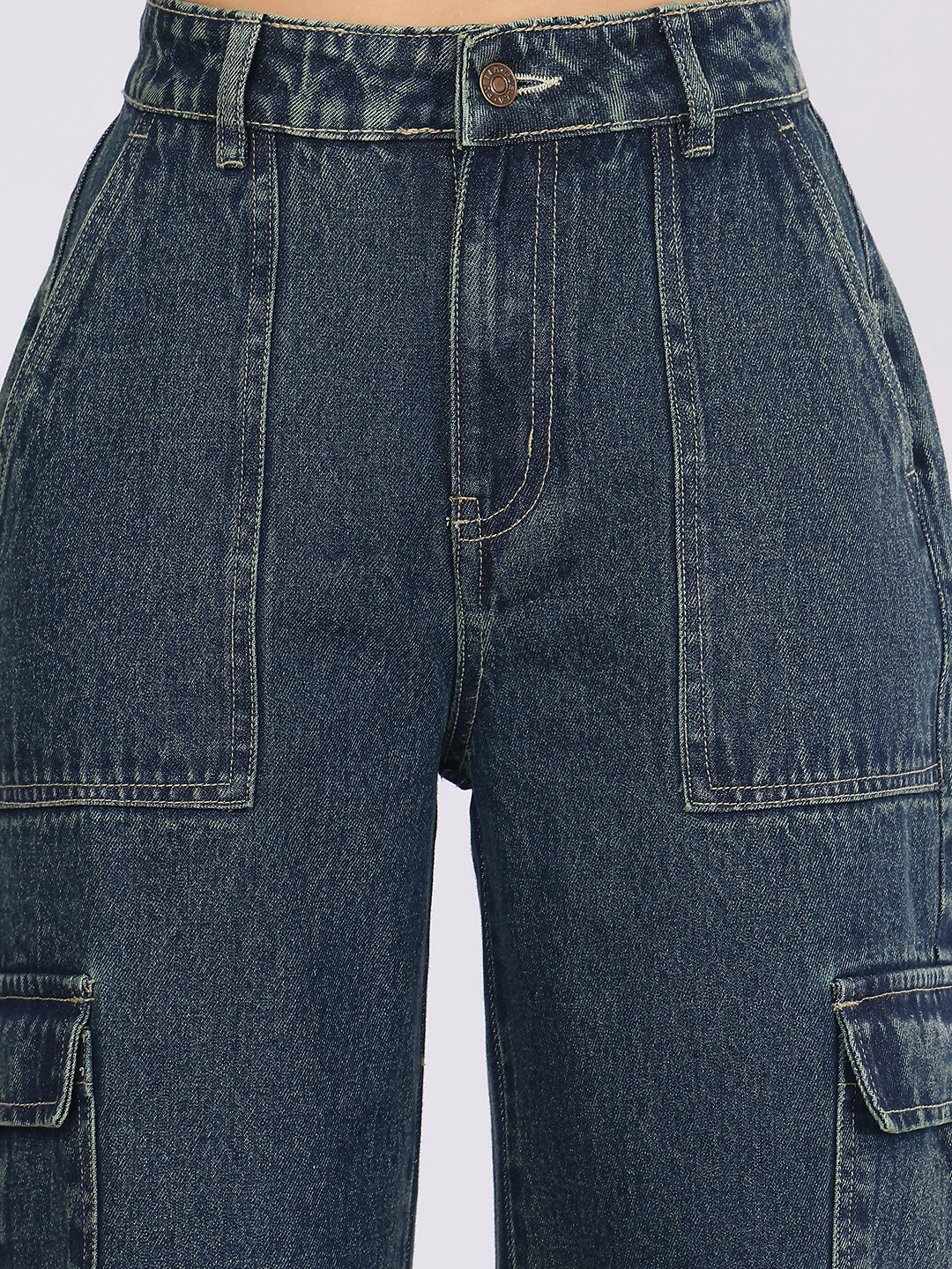 Women’s Dark Blue High-Rise Baggy Cargo Denim Jeans