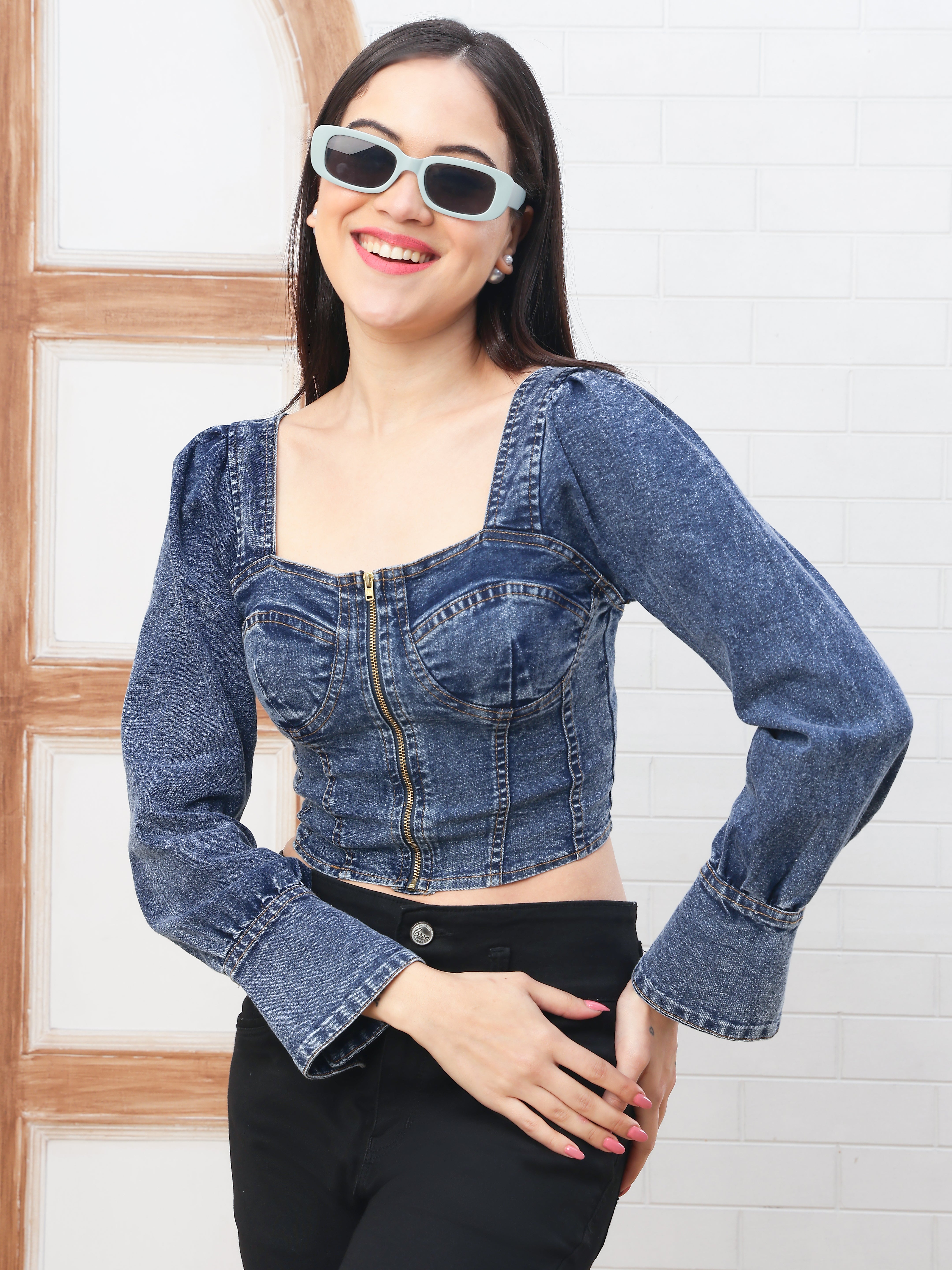 PUELLA Women’s Black Denim Corset Top | Full Sleeve Front Zipper Western Crop Top for Party, Casual & Clubwear