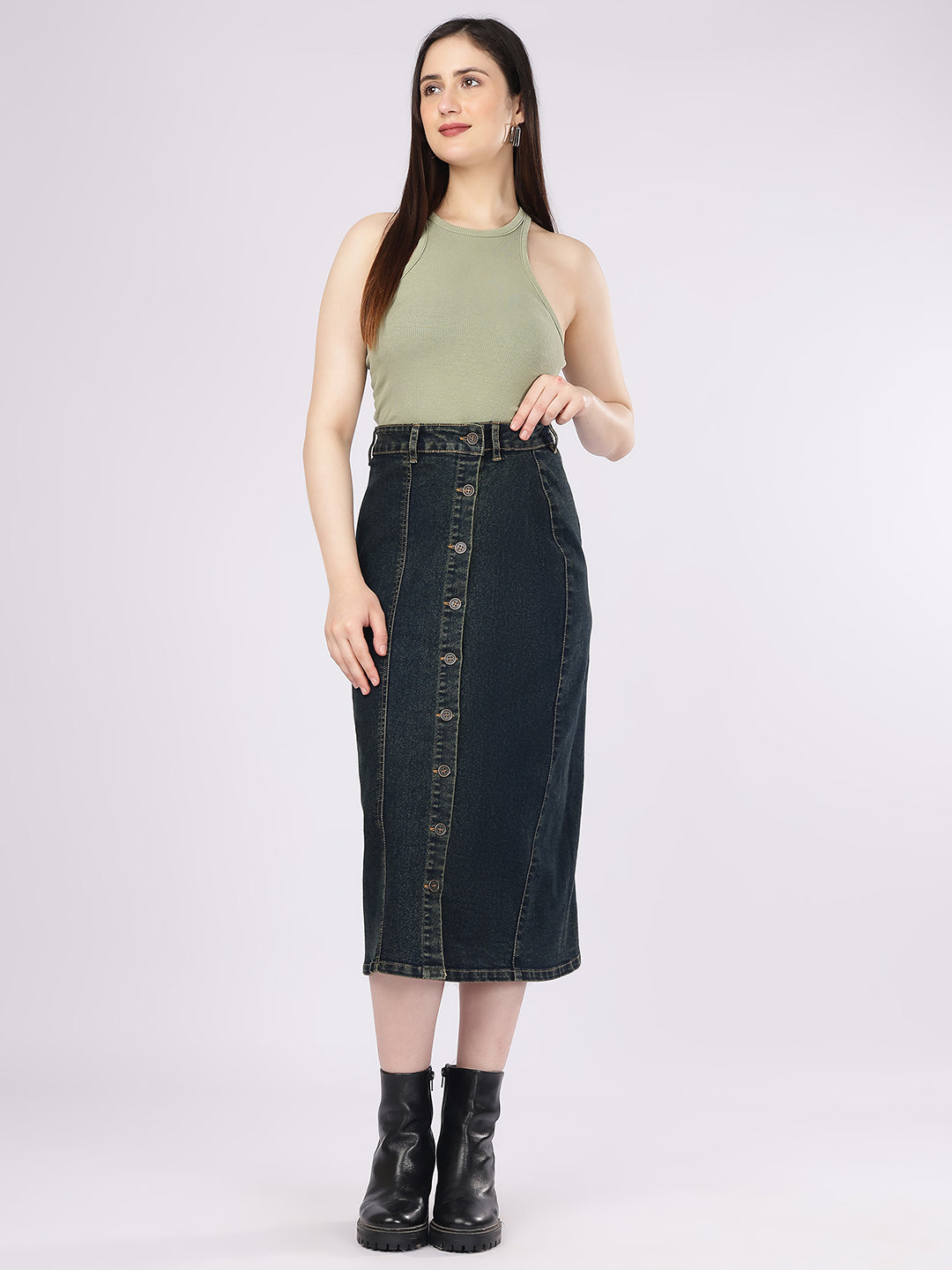 Women’s Dark Wash Paneled Denim Skirt with Front Buttons