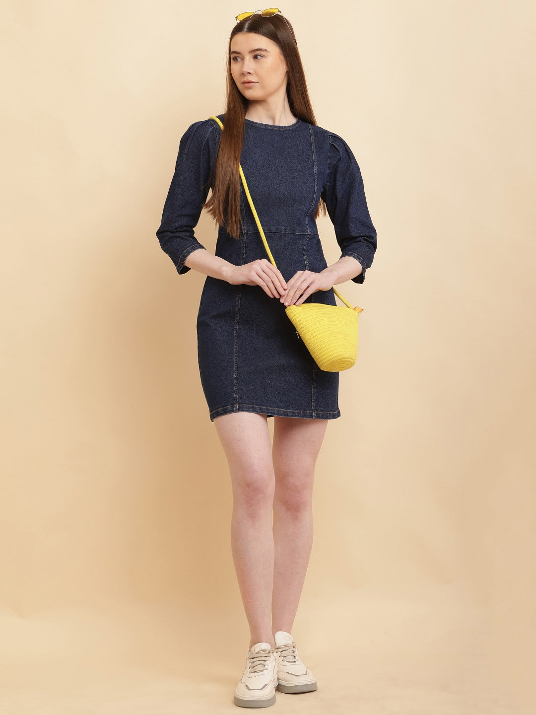 PUELLA Women Dark Blue Solid Denim Mini Dress with Puff Sleeves