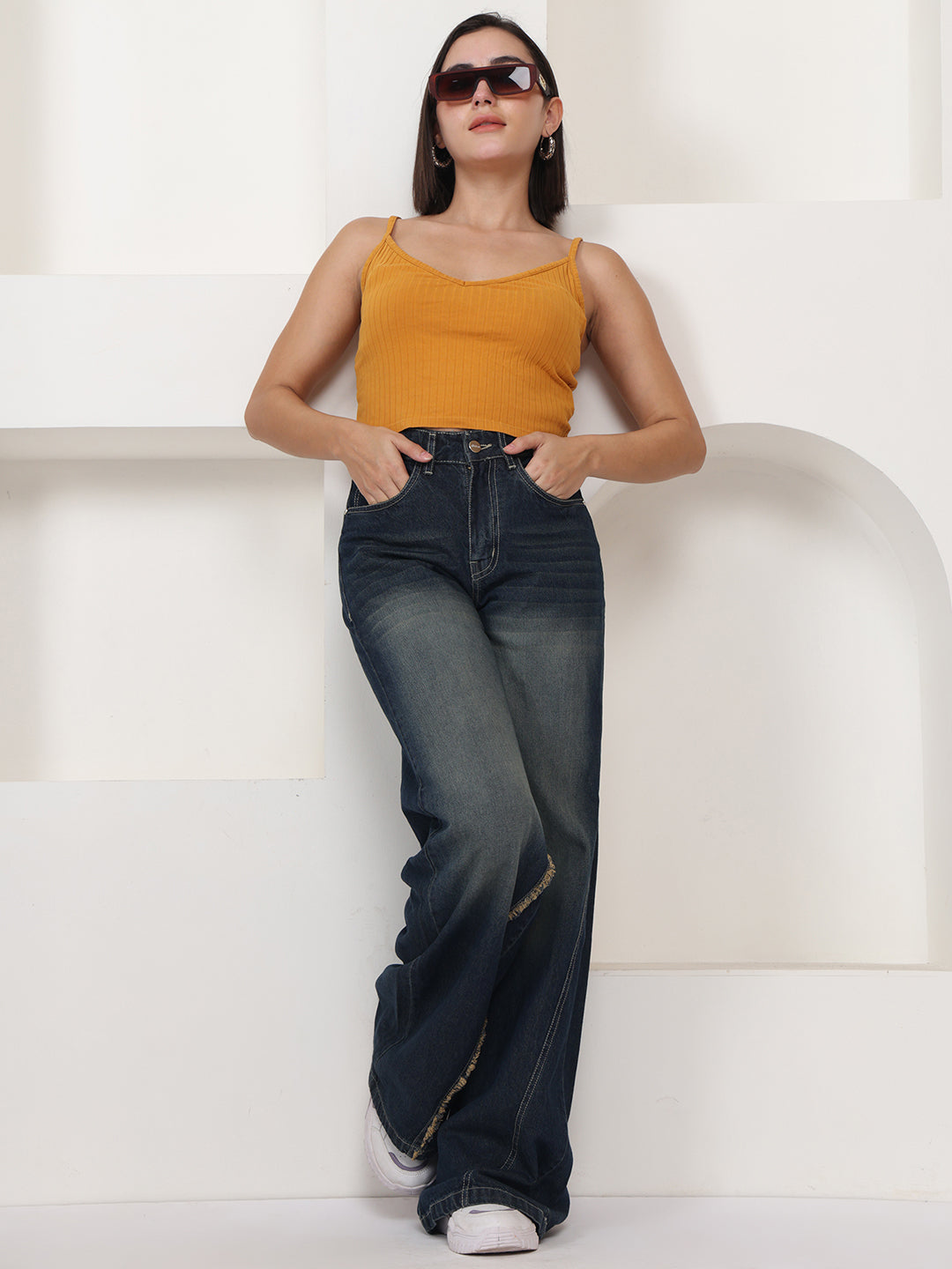 PUELLA Women Dark Blue High-Rise Wide Leg Jeans