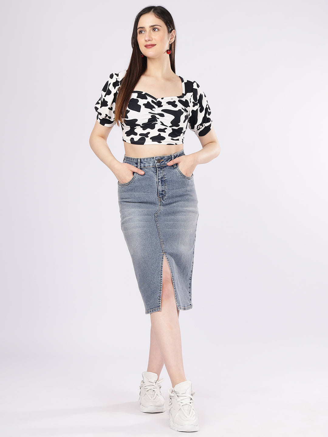 Women’s Mid Blue Denim Pencil Skirt with Front Slit