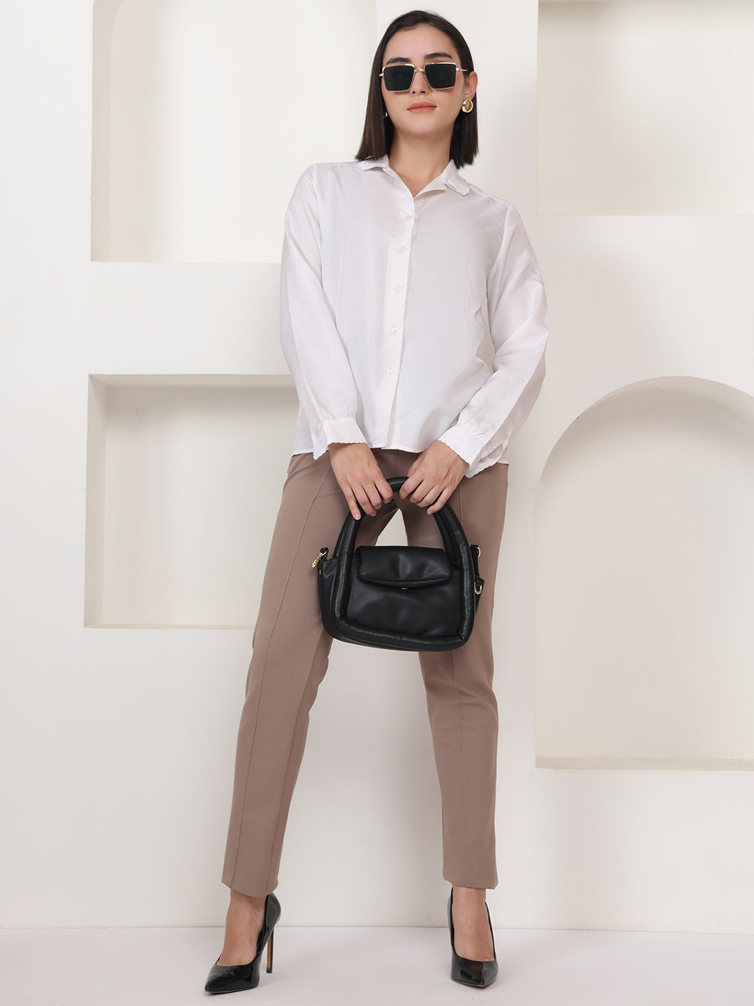 PUELLA Taupe High-Rise Slim Fit Formal Trousers