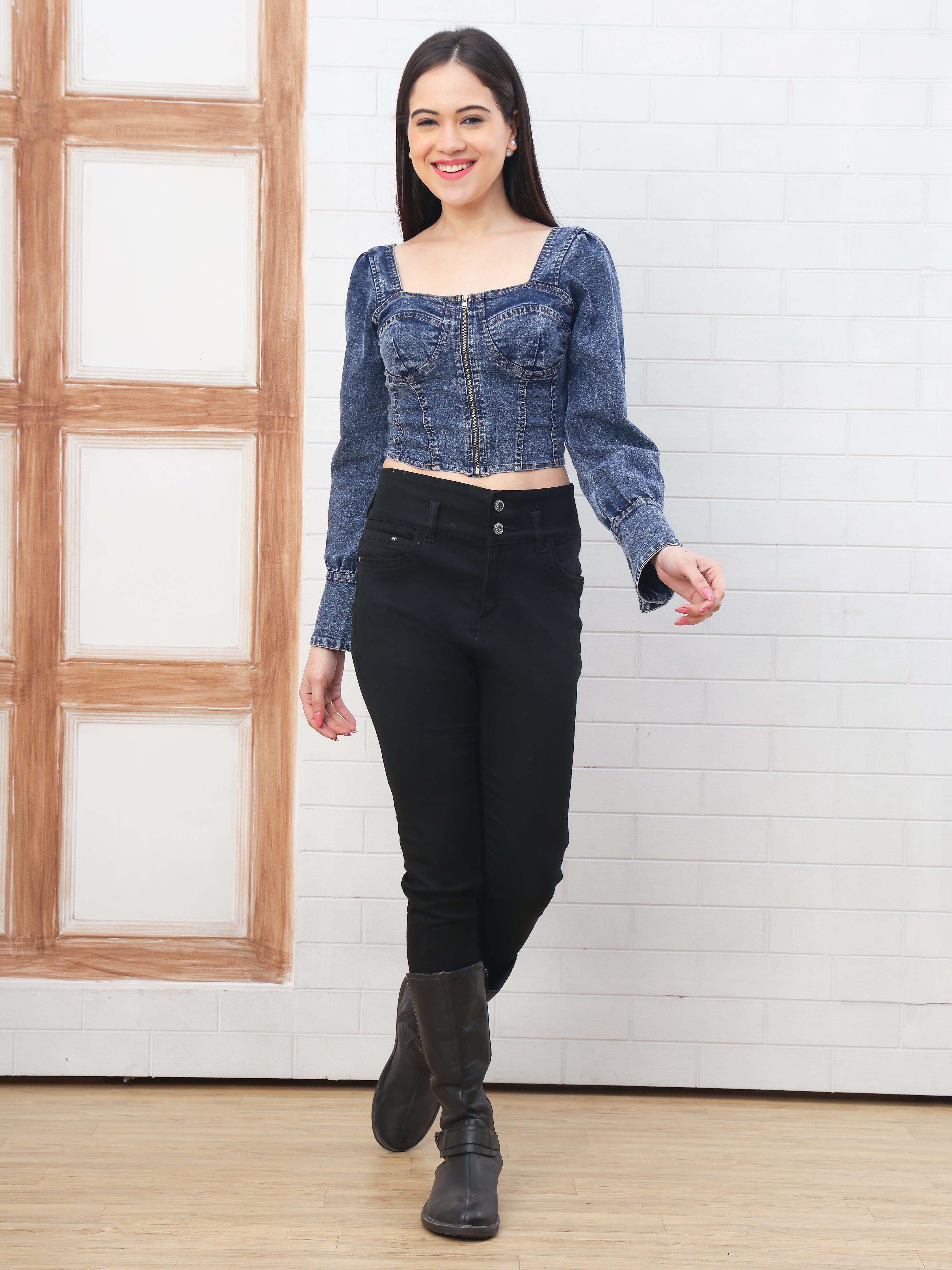 PUELLA Women’s Black Denim Corset Top | Full Sleeve Front Zipper Western Crop Top for Party, Casual & Clubwear