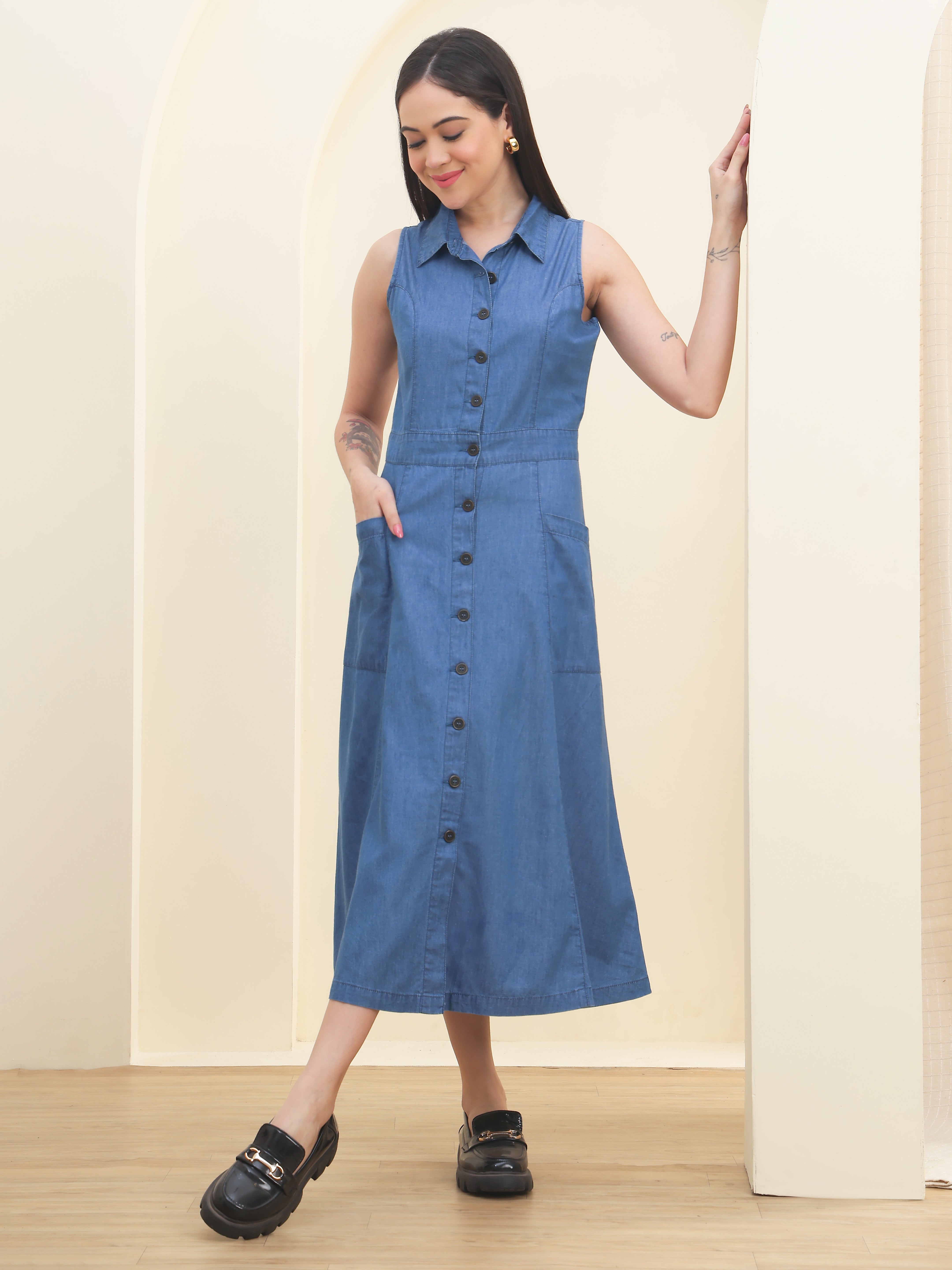 DOZER Mid Blue Denim Button-Down Maxi Dress