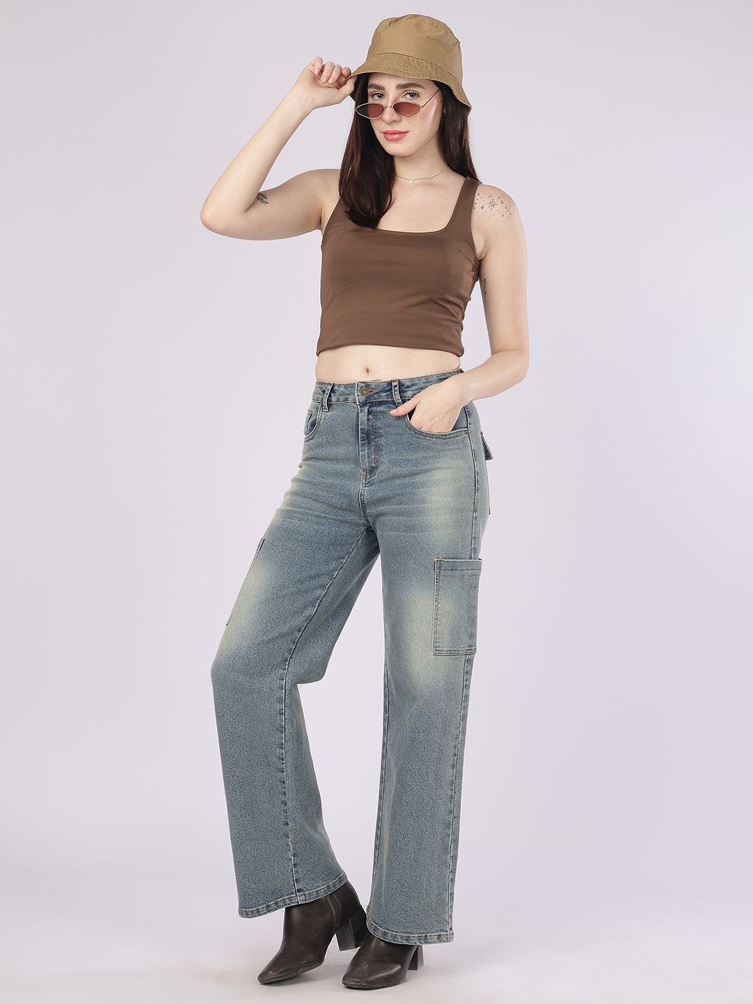 Women’s Blue Straight Fit Cargo Denim Jeans