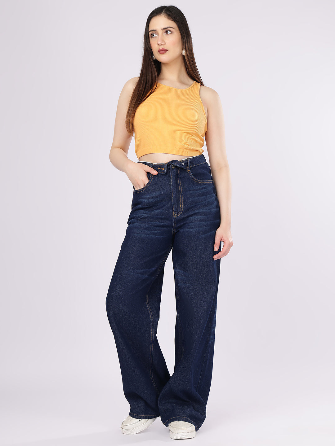 PUELLA Dark Blue Asymmetric Waist Baggy Fit Denim Jeans with Whisker Details
