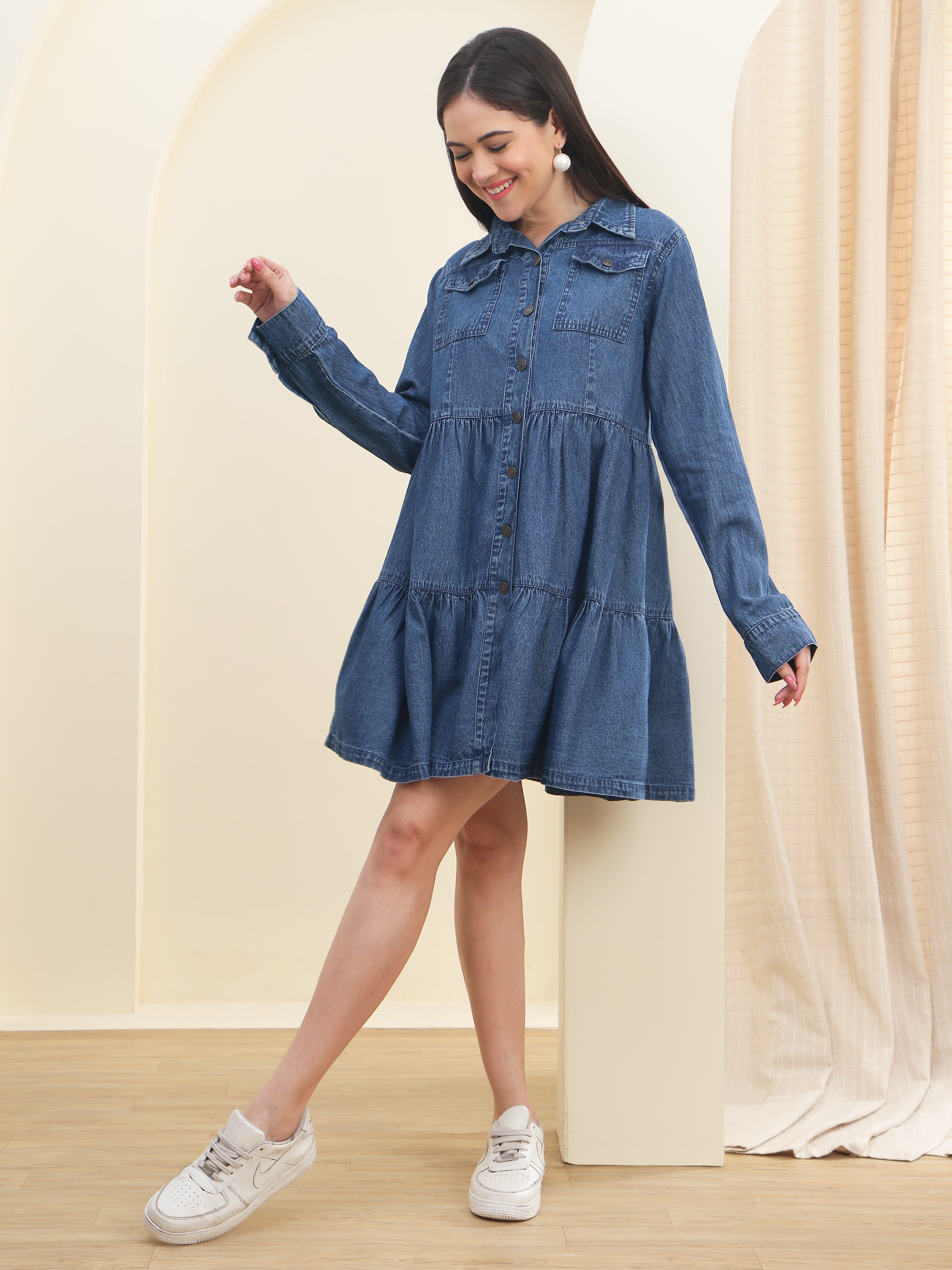 DOZER Mid Blue Denim Tiered Shirt Dress