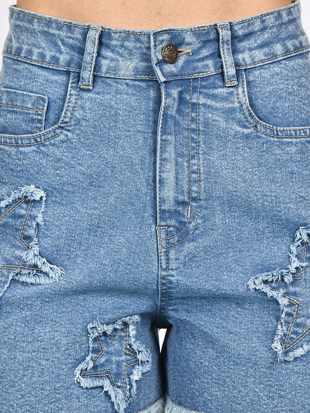PUELLA Women Light Blue High-Rise Star Patch Denim Shorts