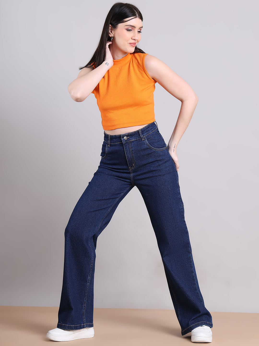 PUELLA Women Dark Blue High-Rise Utility Pocket Wide-Leg Jeans