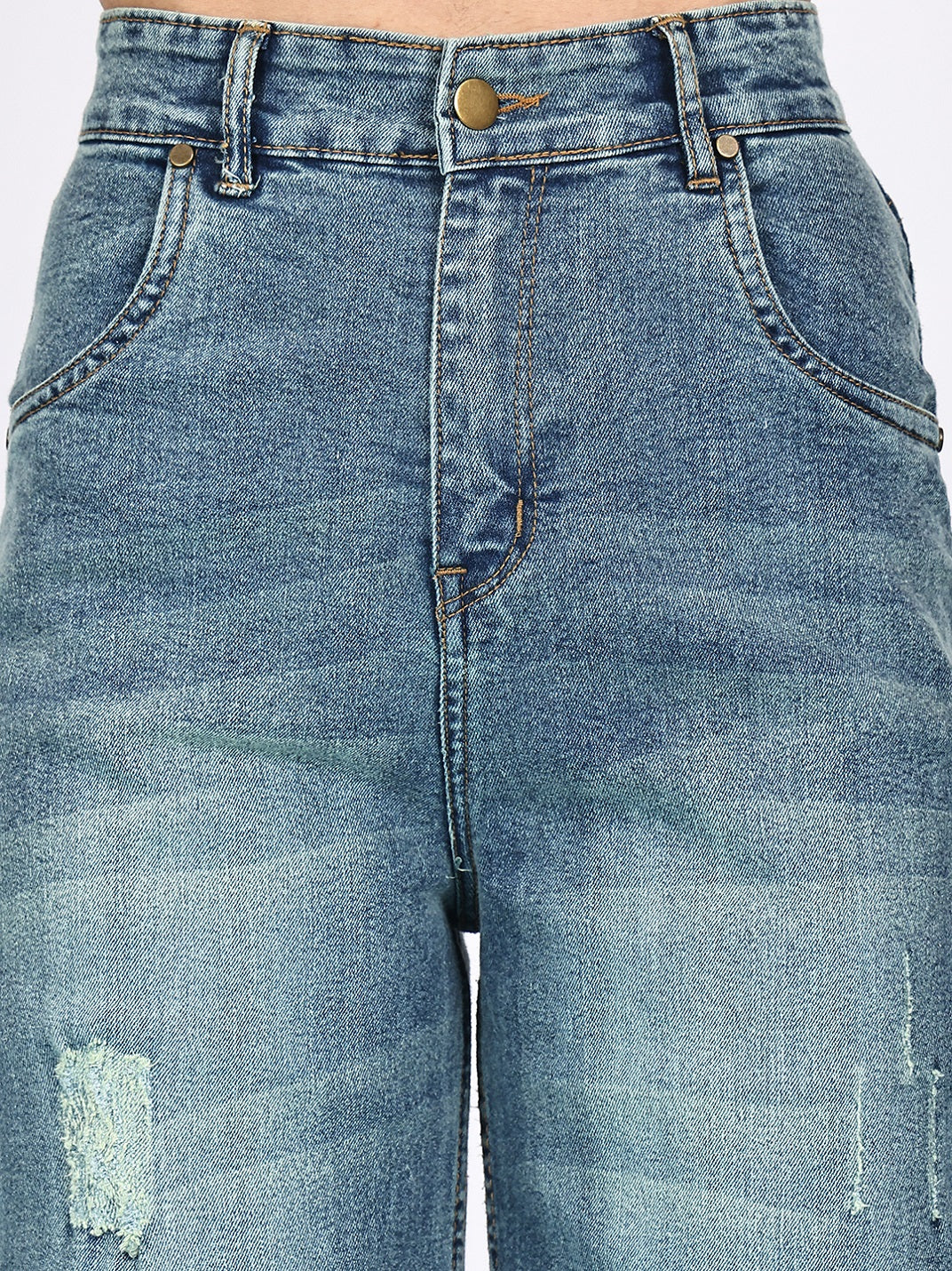 PUELLA Women High-Rise Mid-Blue Distressed Wide-Leg Jeans