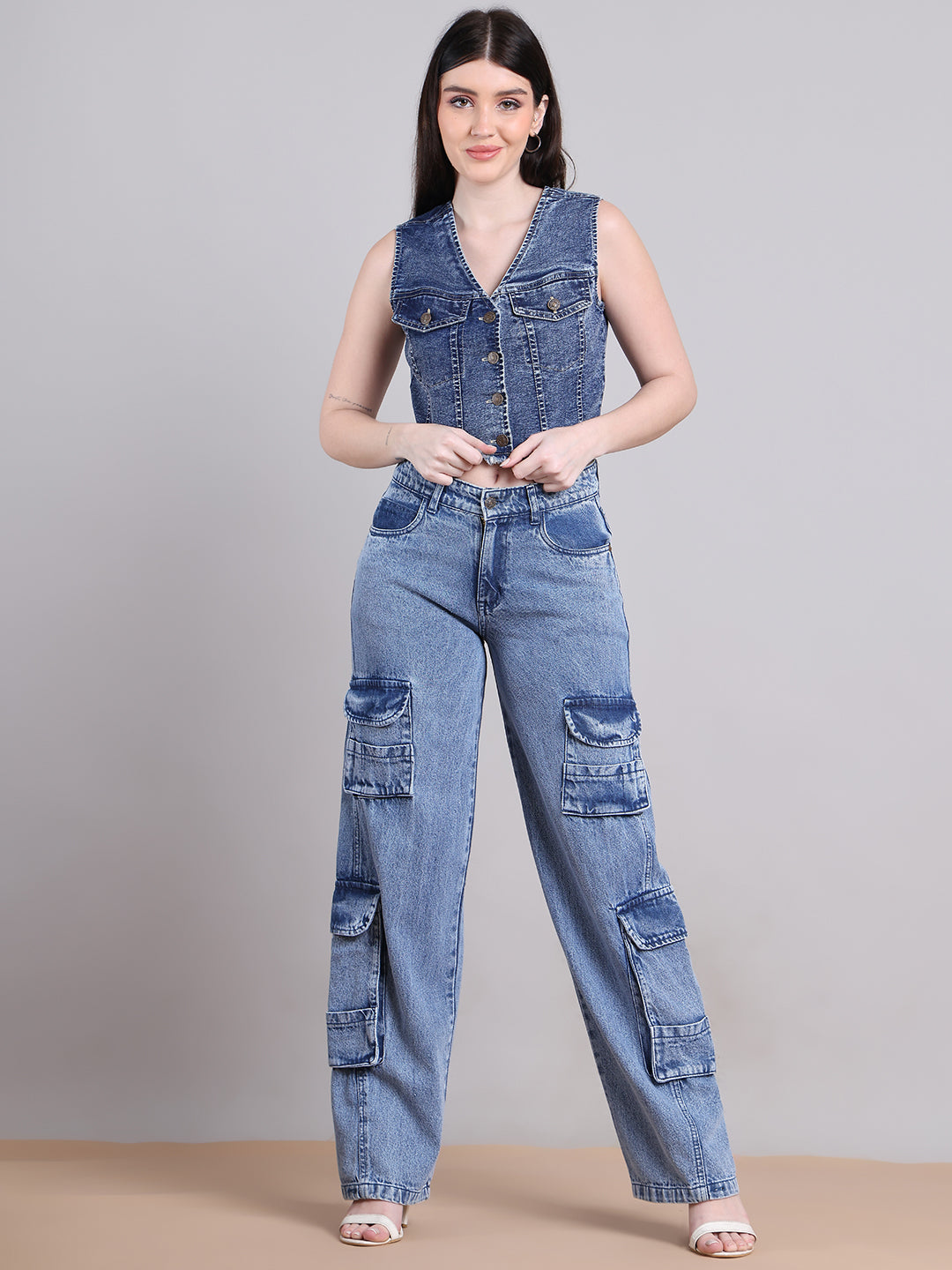 PUELLA Women’s Denim Sleeveless Crop Top with Button Front & Frayed Hem