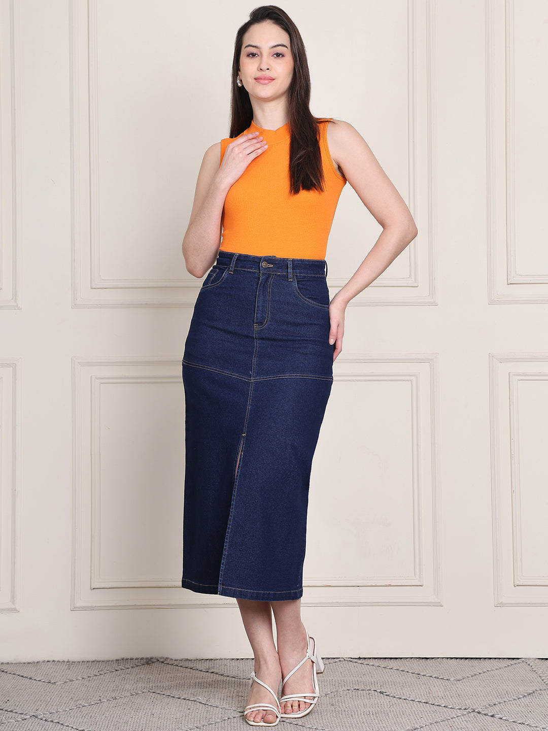 PUELLA Women's Blue Solid A-Line Midi Denim Skirt