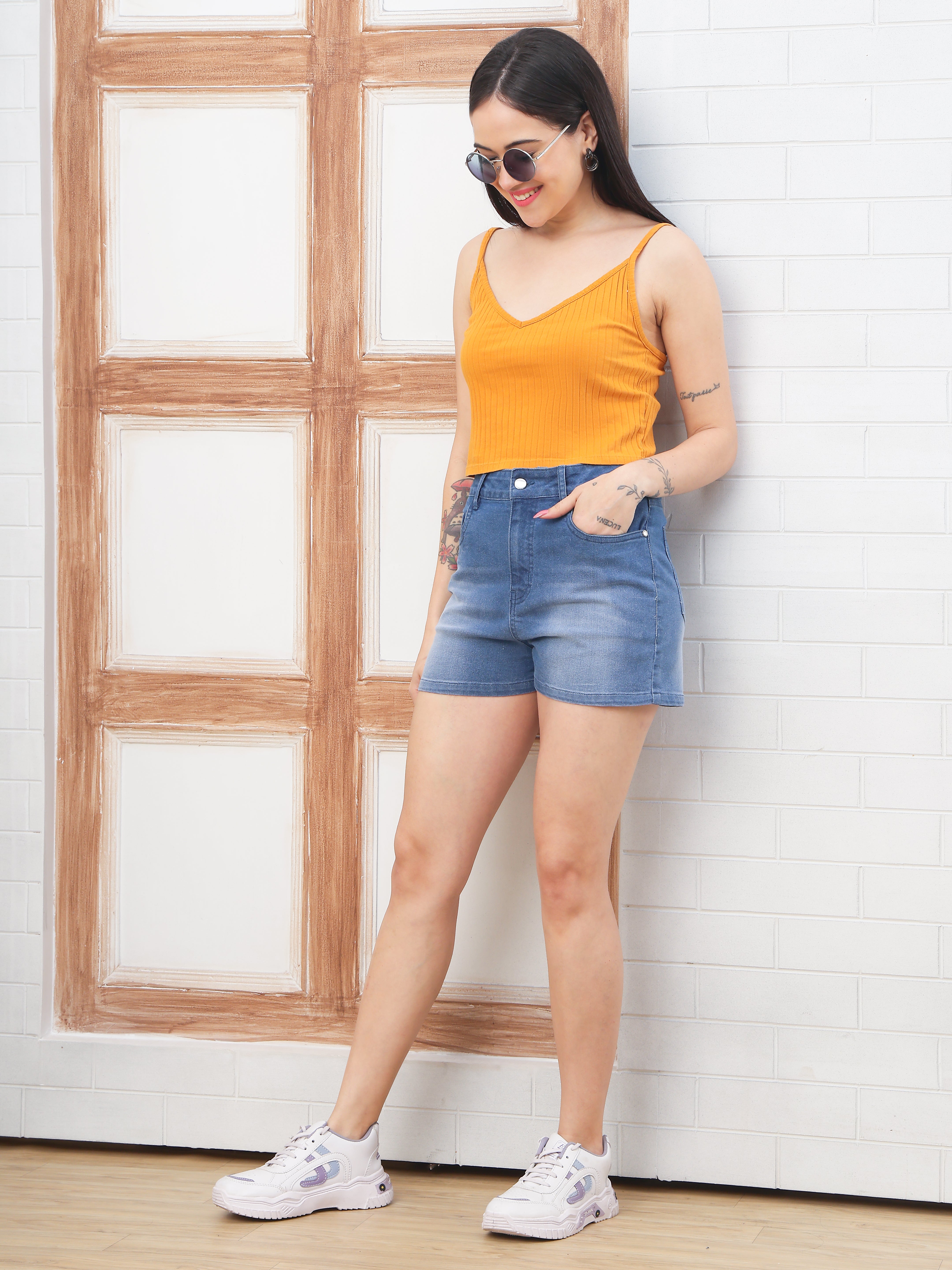 Dozer Mid Blue High-Rise Stretch Denim Shorts