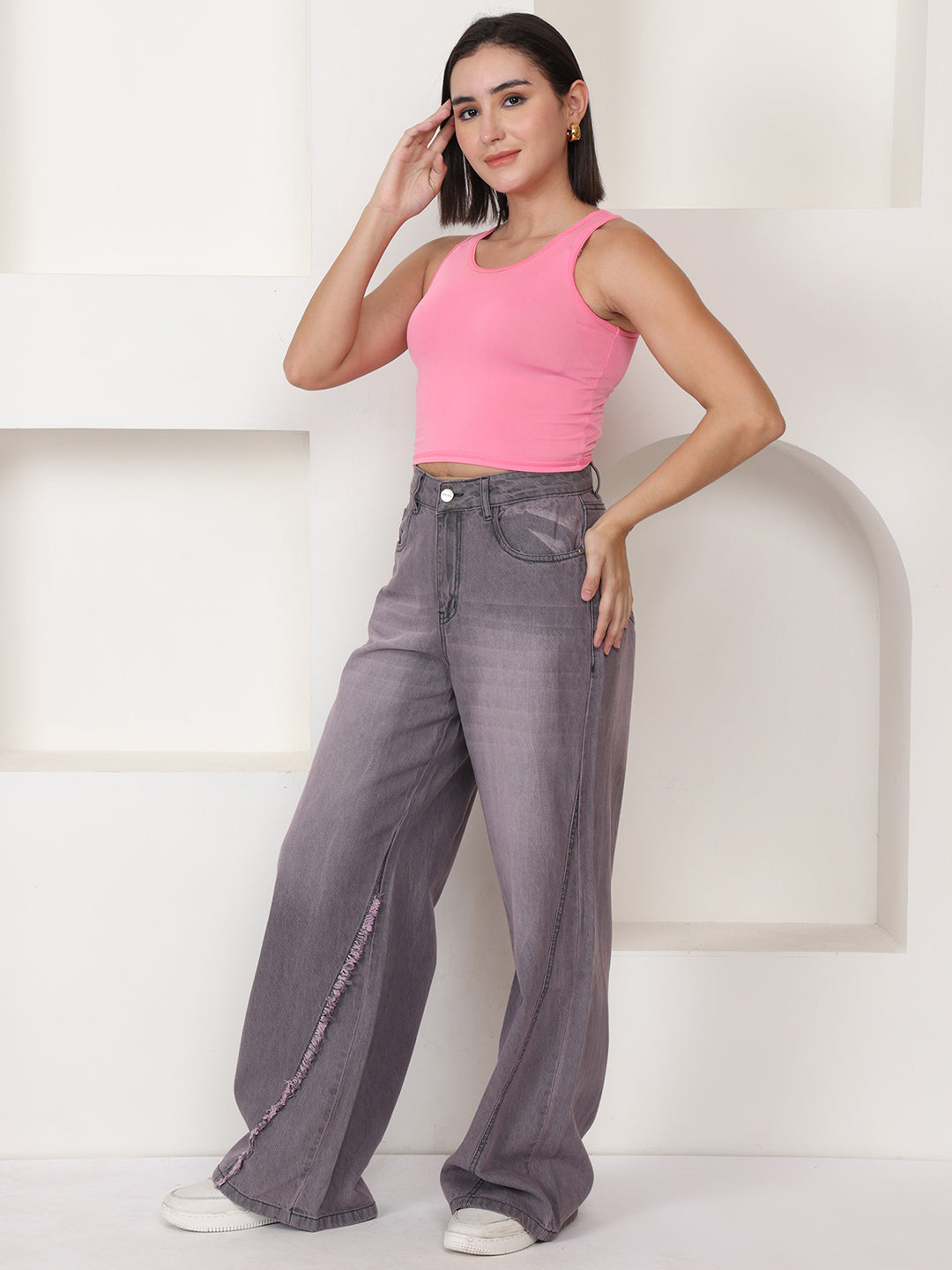 PUELLA Women Dark Grey Light-Fade High-Rise Wide-Leg Jeans