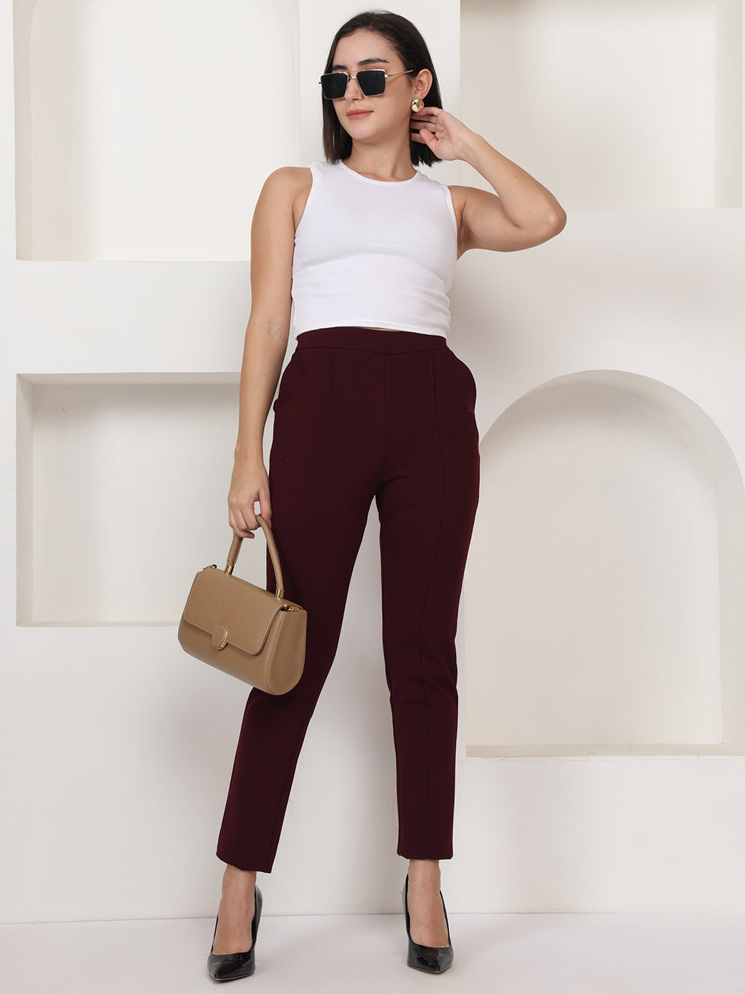 PUELLA Maroon High-Rise Slim Fit Formal Trousers