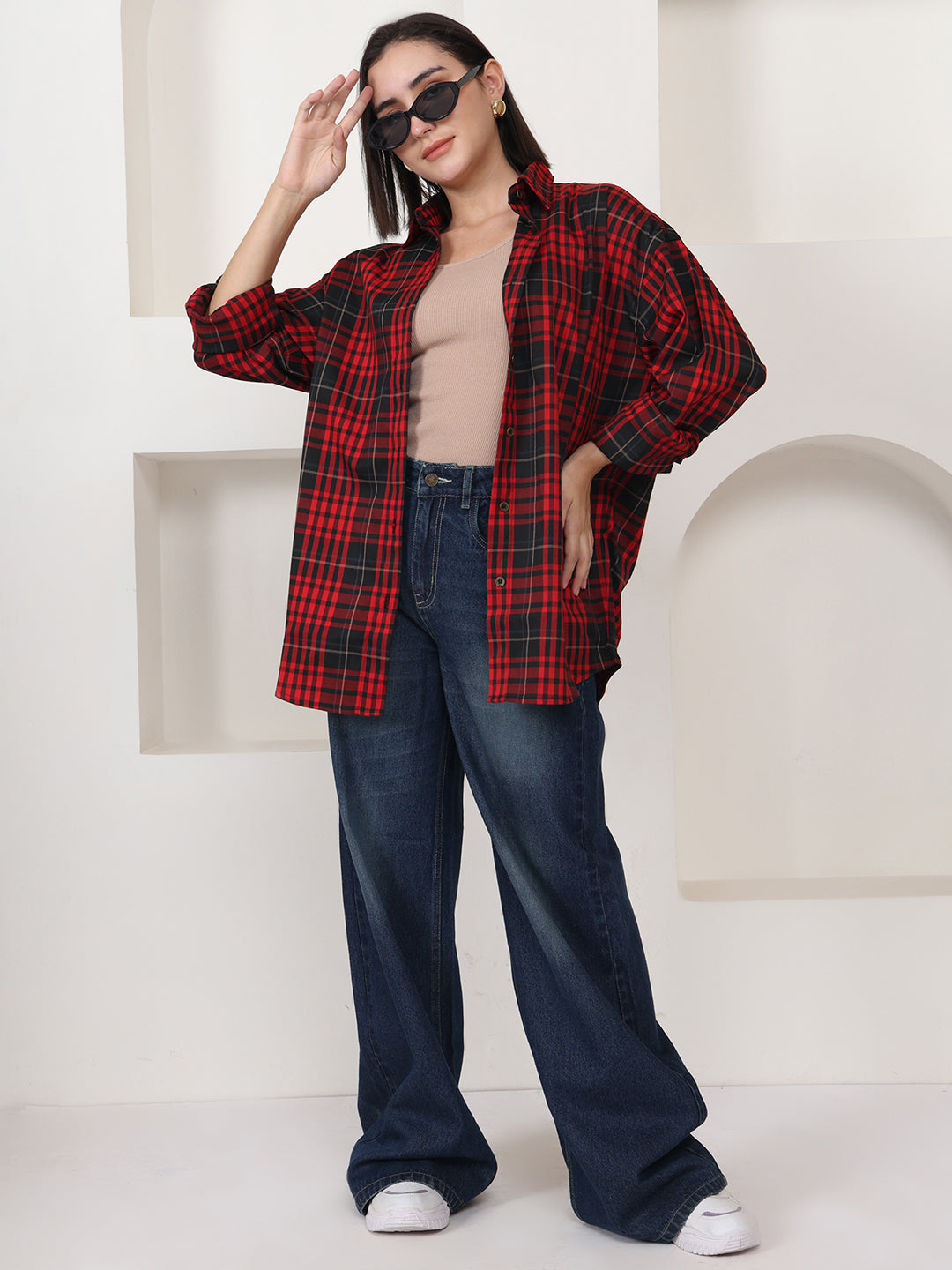 PUELLA Women Red & Black Tartan Checked Relaxed Fit Shirt