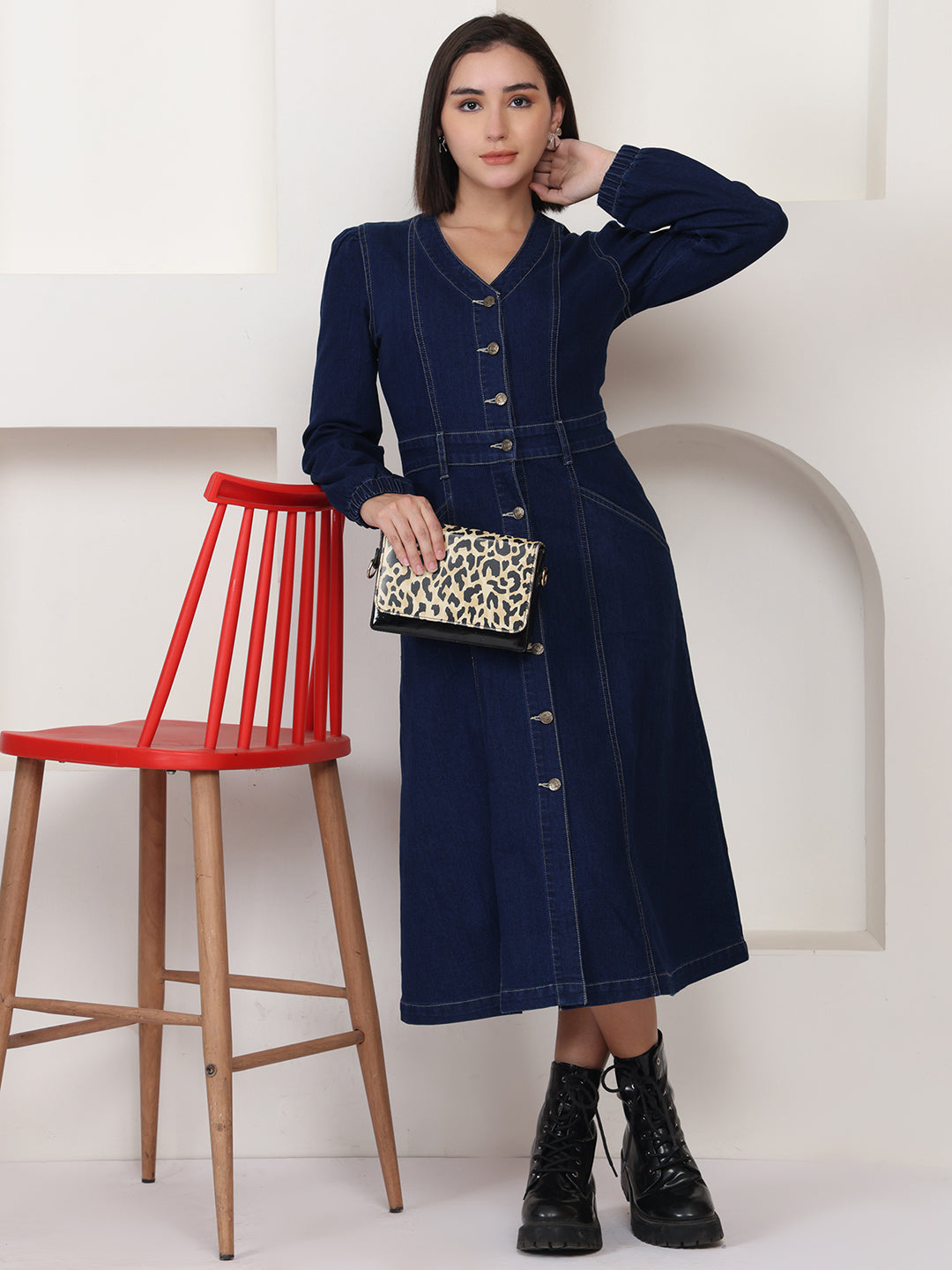 PUELLA Navy Blue Solid Denim Fit & Flare Midi Dress