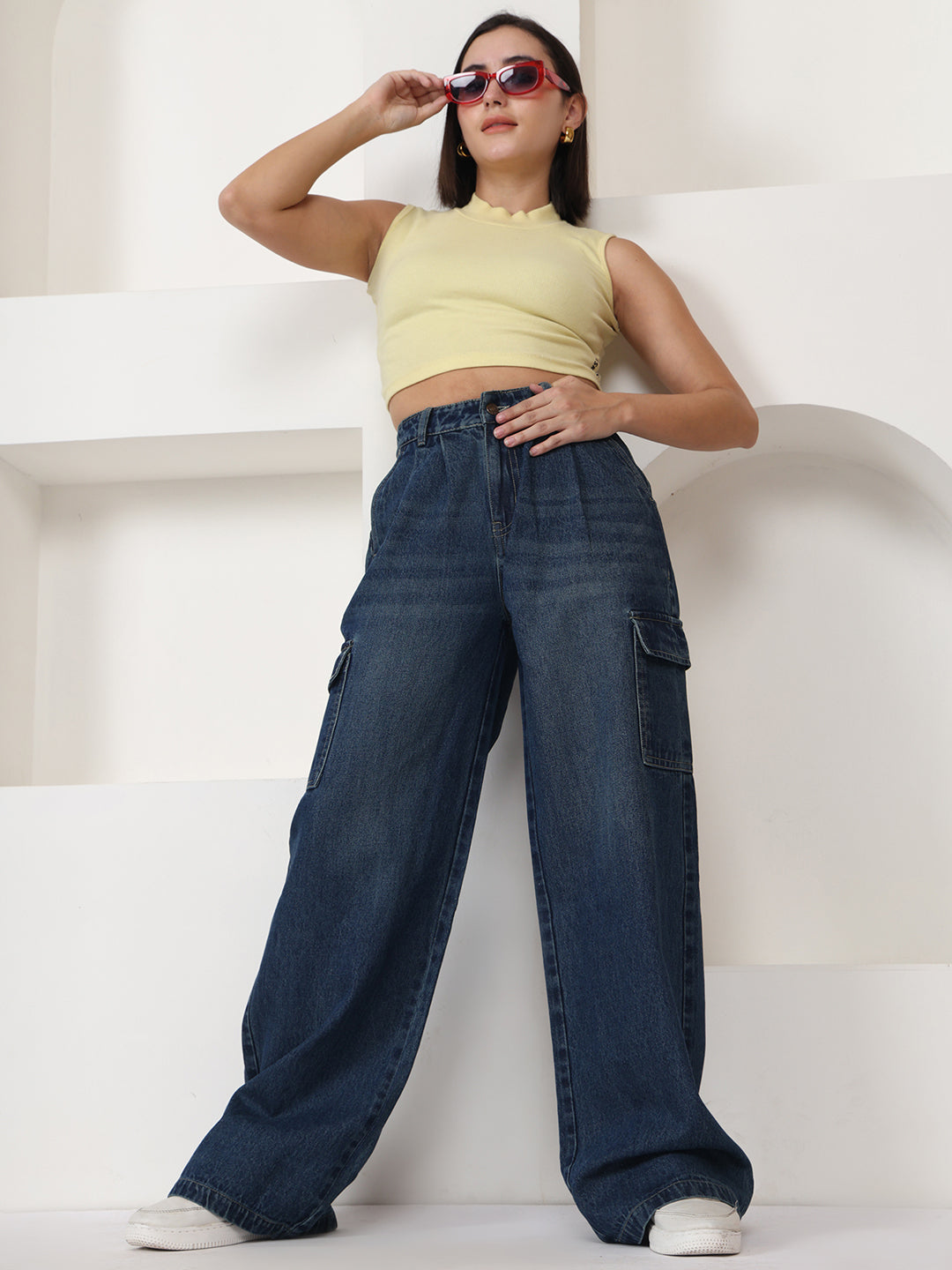 PUELLA Women Dark Blue Light-Fade High-Rise Baggy Cargo Jeans