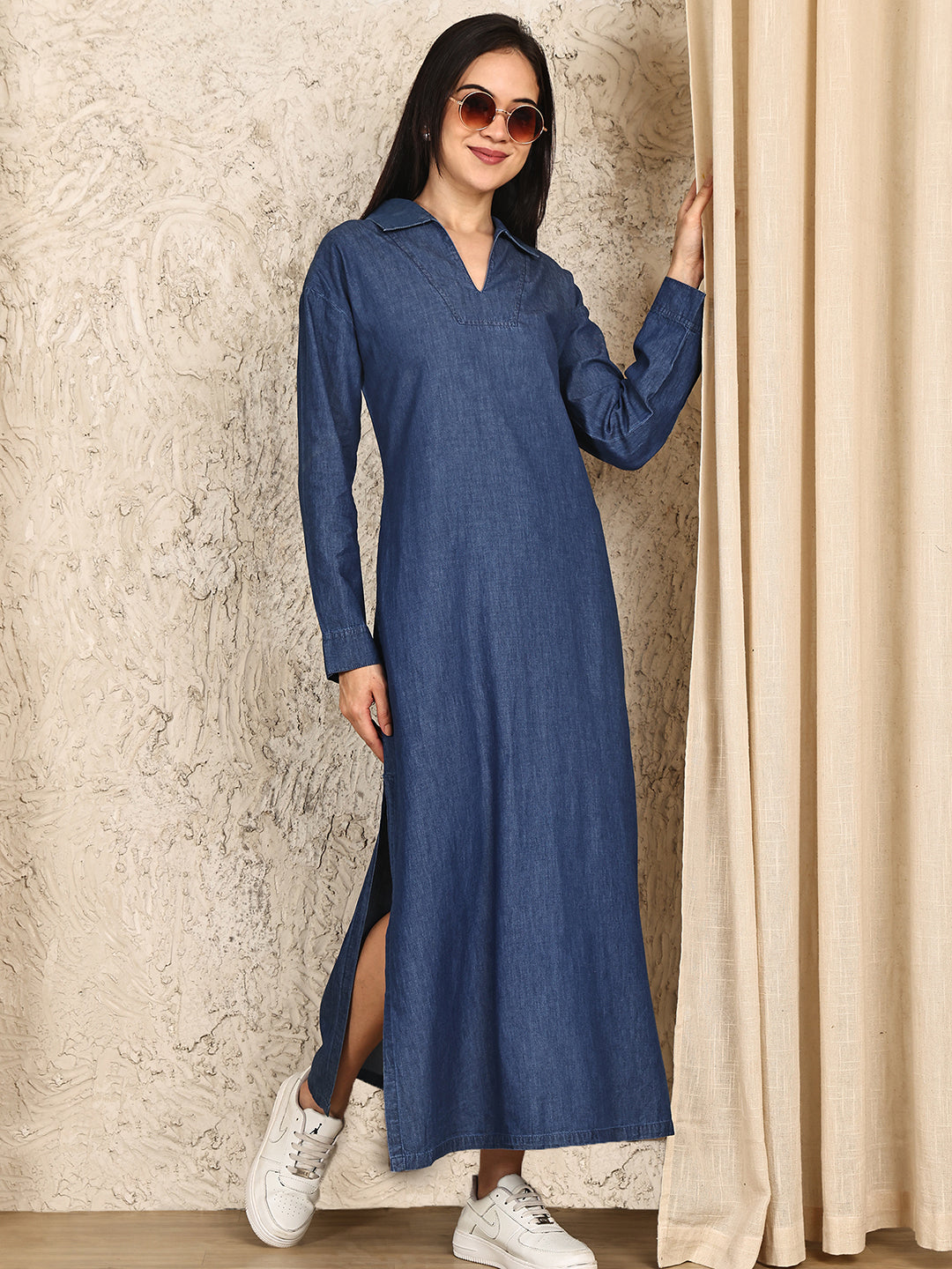 PUELLA Women's Long Denim Maxi Shirt Dress with Side Slit – Puella