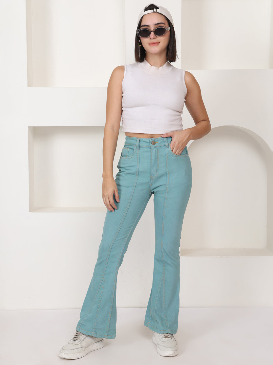 PUELLA Women Light Teal High-Rise Regular Fit Stretchable Coloured Jeans
