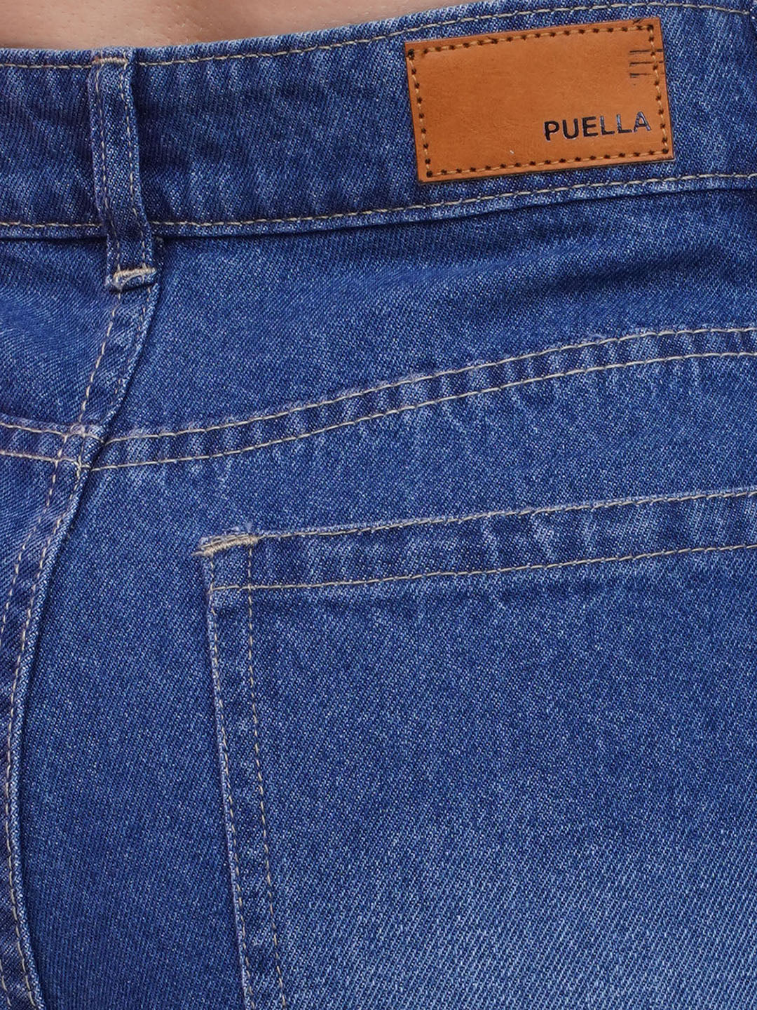 PUELLA Women’s Dark Blue High-Rise Distress Straight Fit Jeans