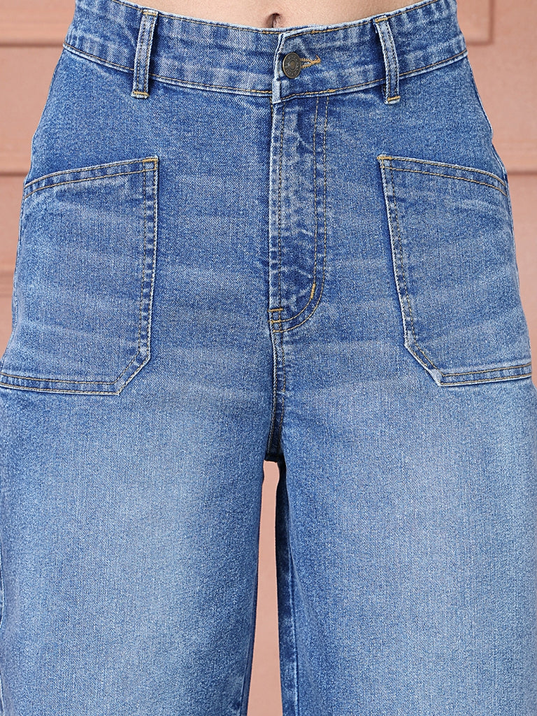 PUELLA Women Light Blue Washed High-Rise Cargo Pocket Wide-Leg Jeans