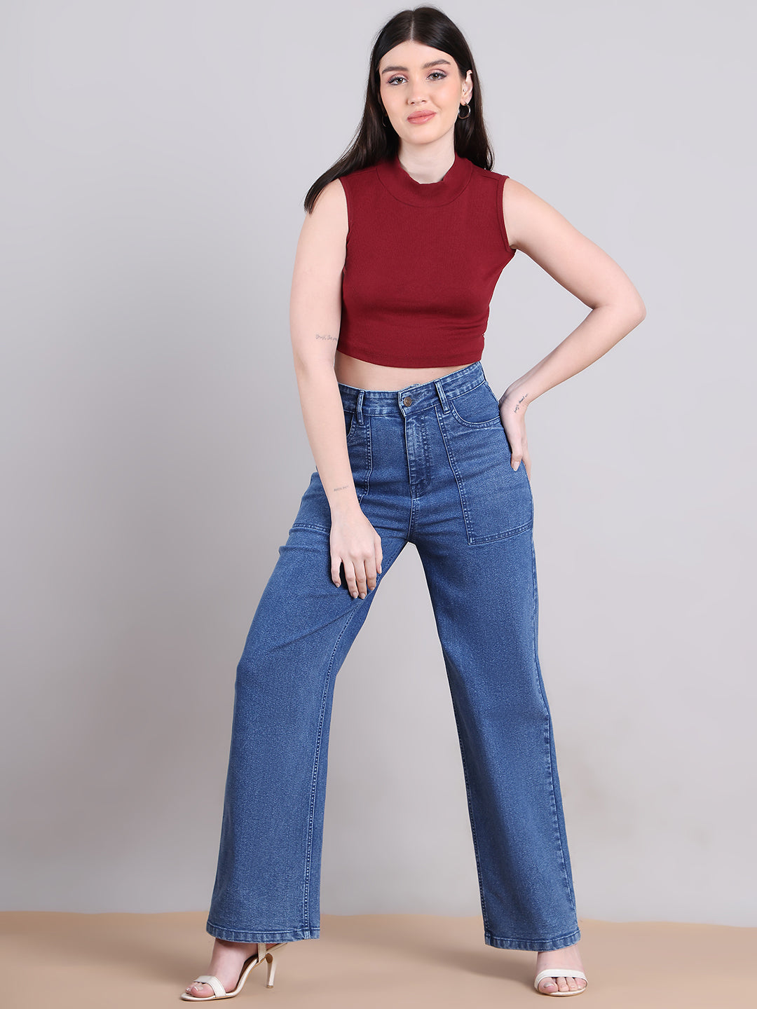 PUELLA Women Mid-Blue High-Rise Utility Pocket Wide-Leg Jeans