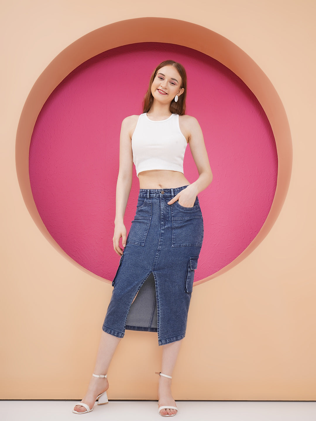 PUELLA Women’s Blue High-Rise Cargo Style Denim Skirt with Front Slit