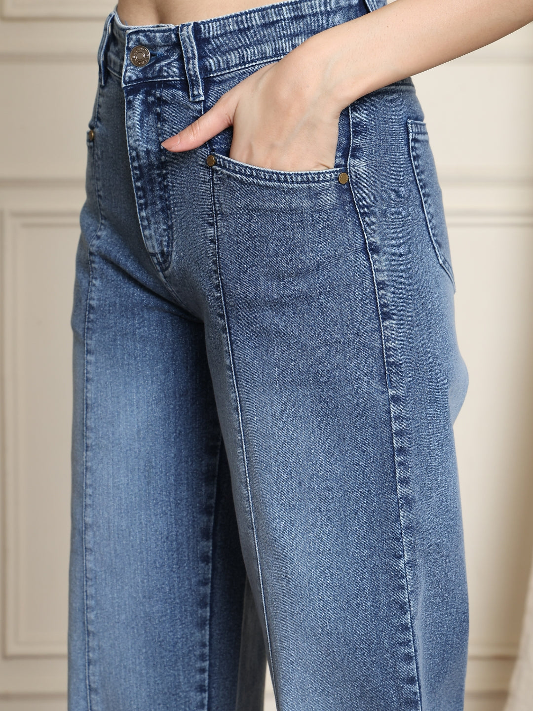 PUELLA Women High-Rise Light Blue Wide-Leg Jeans with Front Seam Detailing