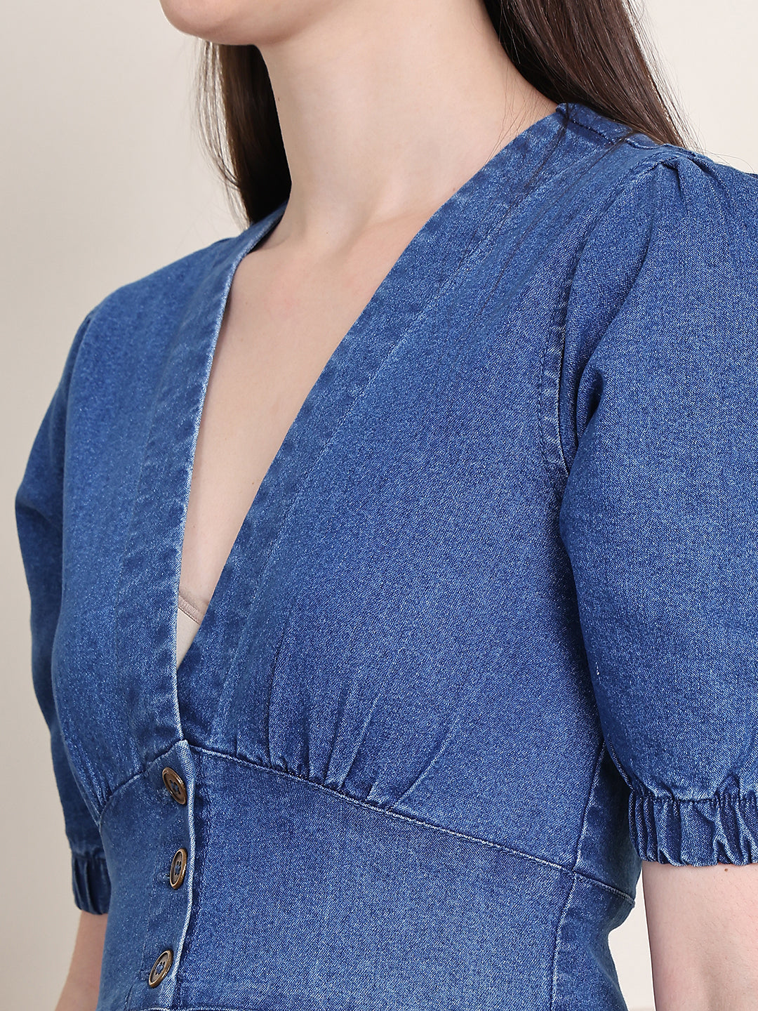 PUELLA Women’s Button-Down Denim Mini Dress with Puff Sleeves