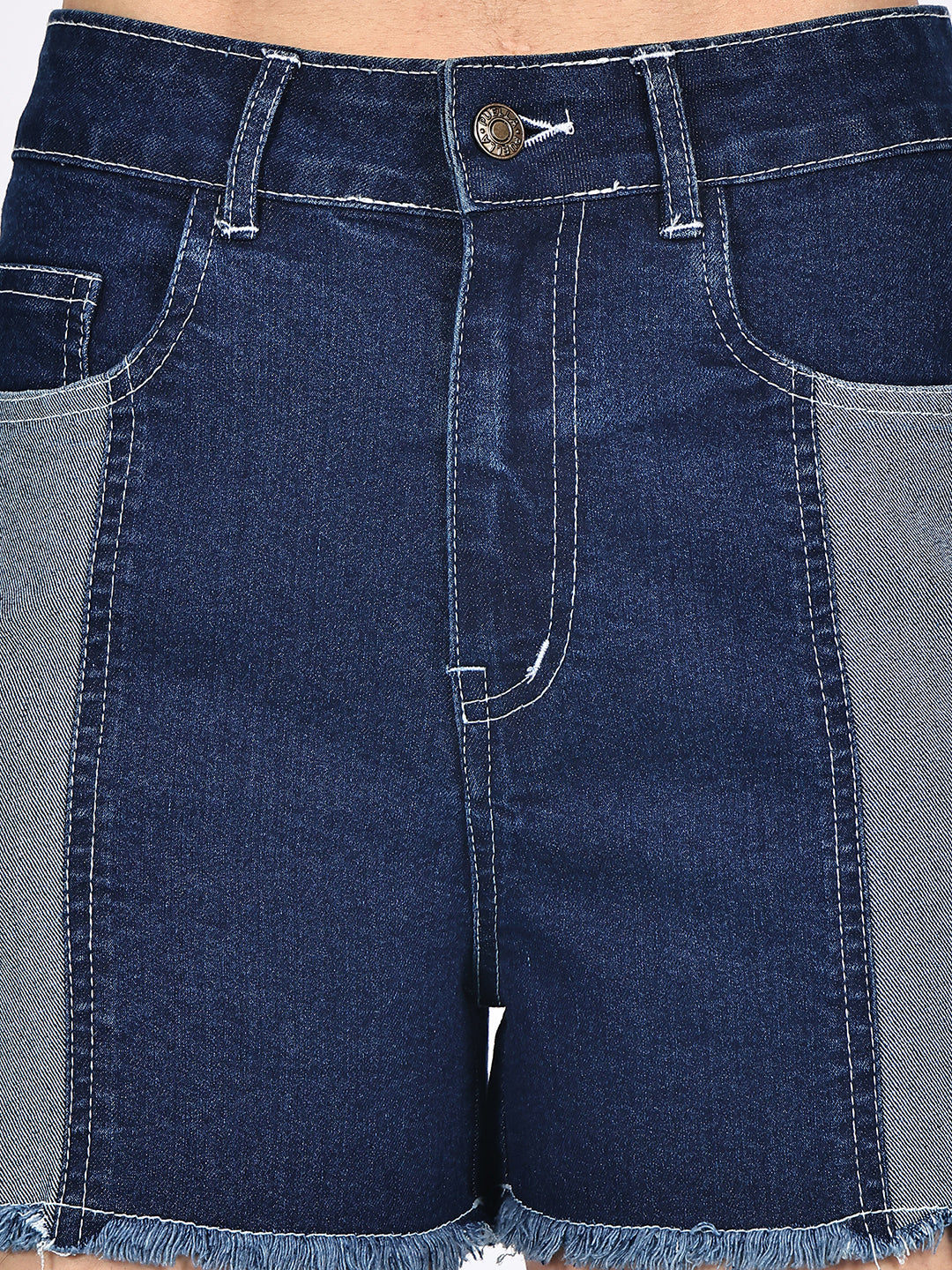 PUELLA Women Blue High-Rise Two-Tone Denim Shorts