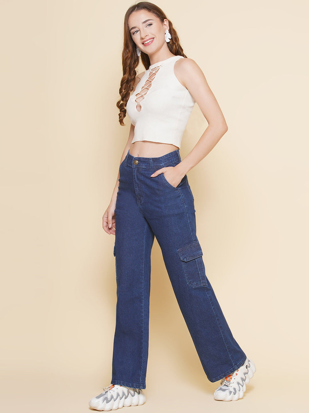 PUELLA Women’s Cargo Straight Fit Mid Rise Jeans – Dark Blue